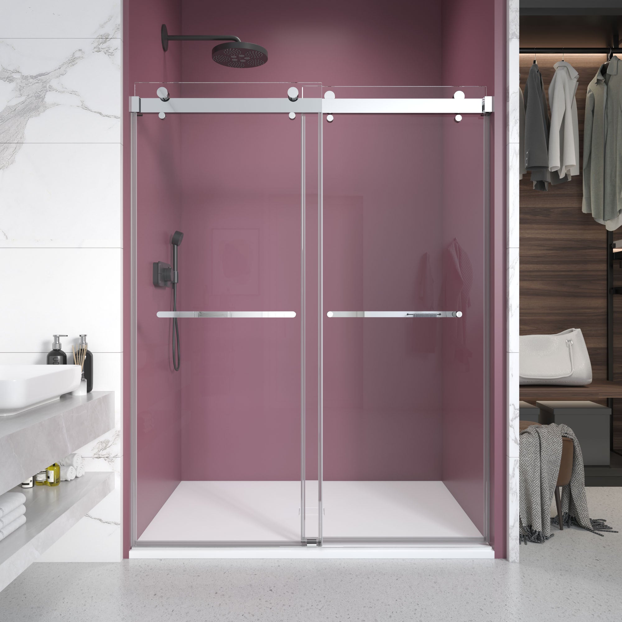 Double Sliding Frameless Shower Door Clear Glass Chrome Homary
