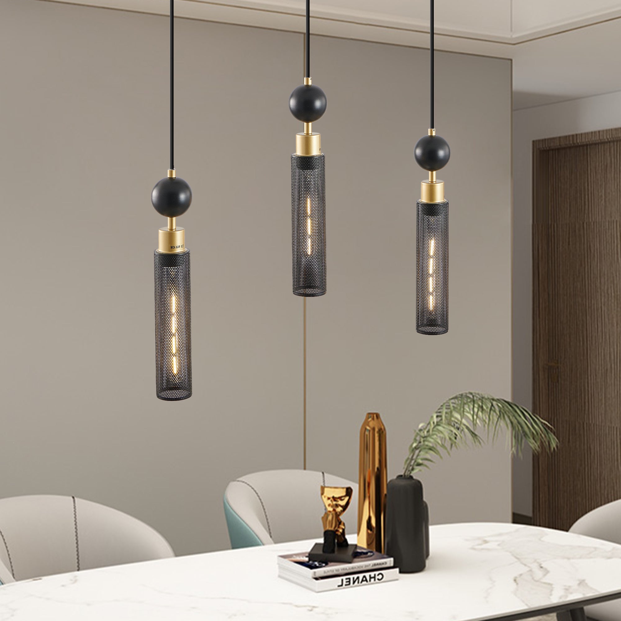 Modern Black and Gold 3-Light Pendant Chandelier, Adjustable Hanging Lights with Cylindrical Mesh Shades, E26 Base, Ideal for Dining Room, Kitchen Island, or Living Room Lighting (No Bulbs)