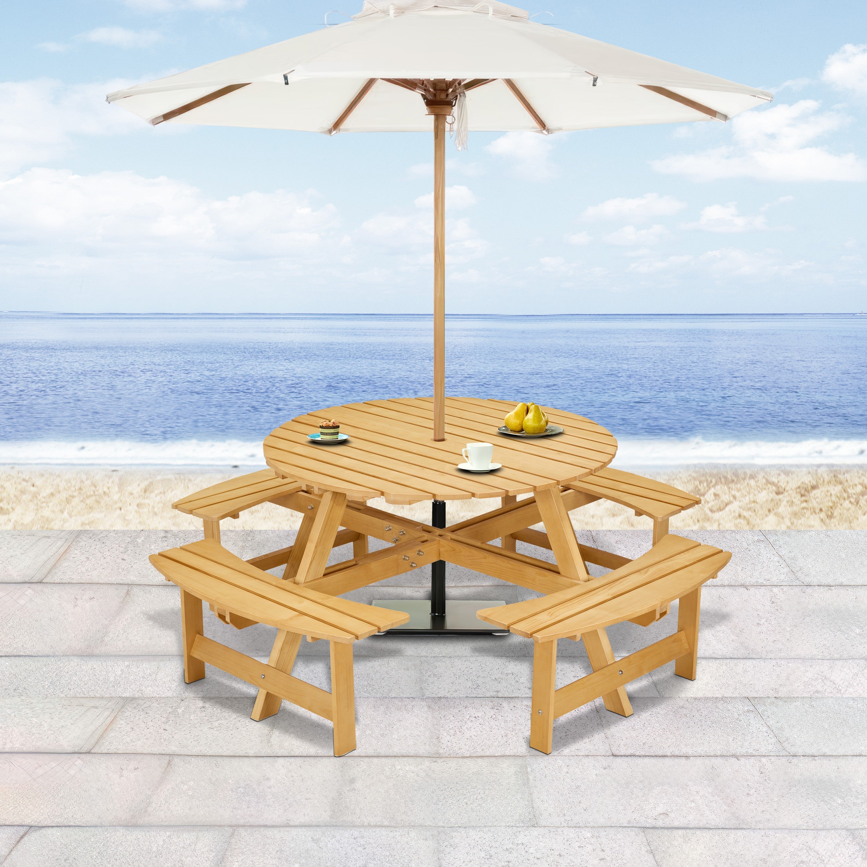 8-Person Outdoor Round Picnic Table Set Umbrella Hole Homary