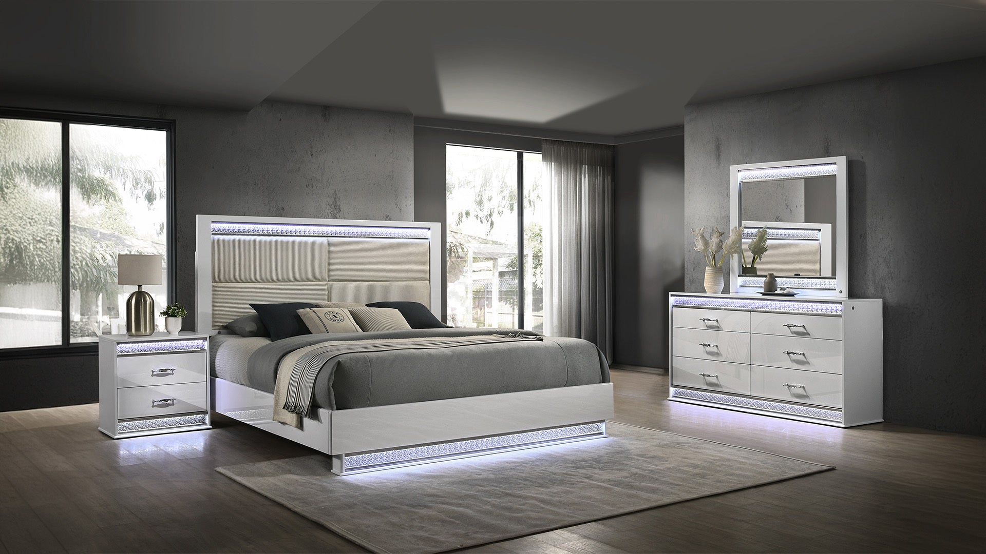 Glam Modern Style 4 Pc Queen Bedroom Set with LED Headboard Made with Wood in White(NJ INVENTORY)