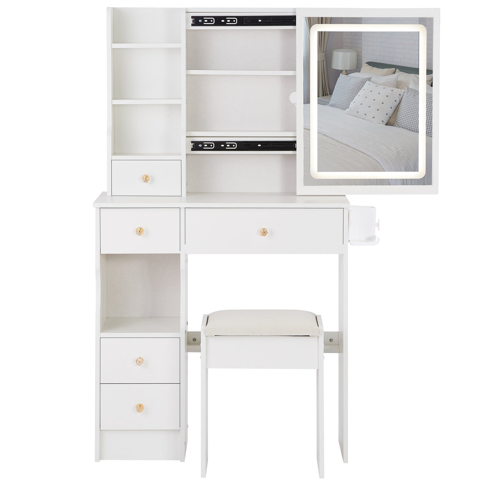 29.2' Small Size Left Drawer Desktop Vanity Table + Cushioned Stool, 2 AC+2 USB Power Station, Hair dryer bracket, Extra Large Touch Control Sliding LED Mirror, Tri-color Switching, Brightness Adjust