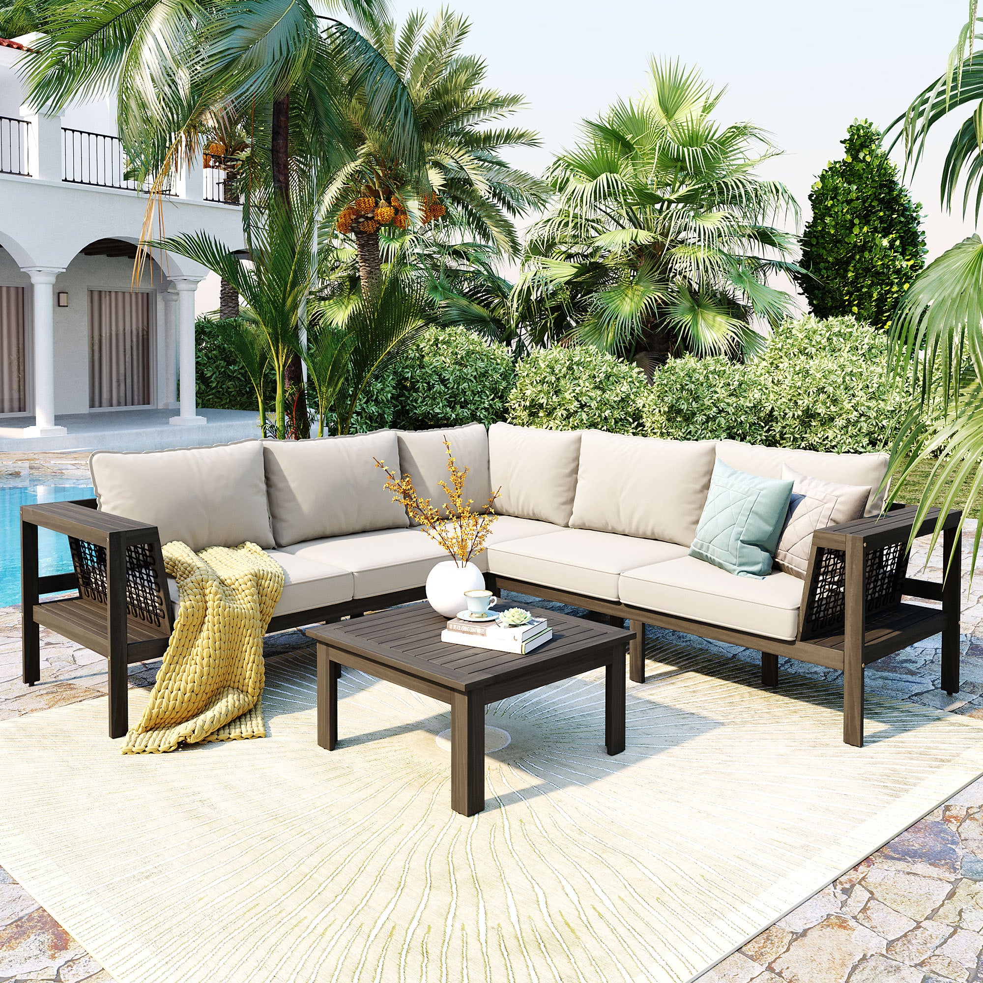 GO 4-Piece Acacia Wood Outdoor L-Shaped Sofa Coffee Table Homary