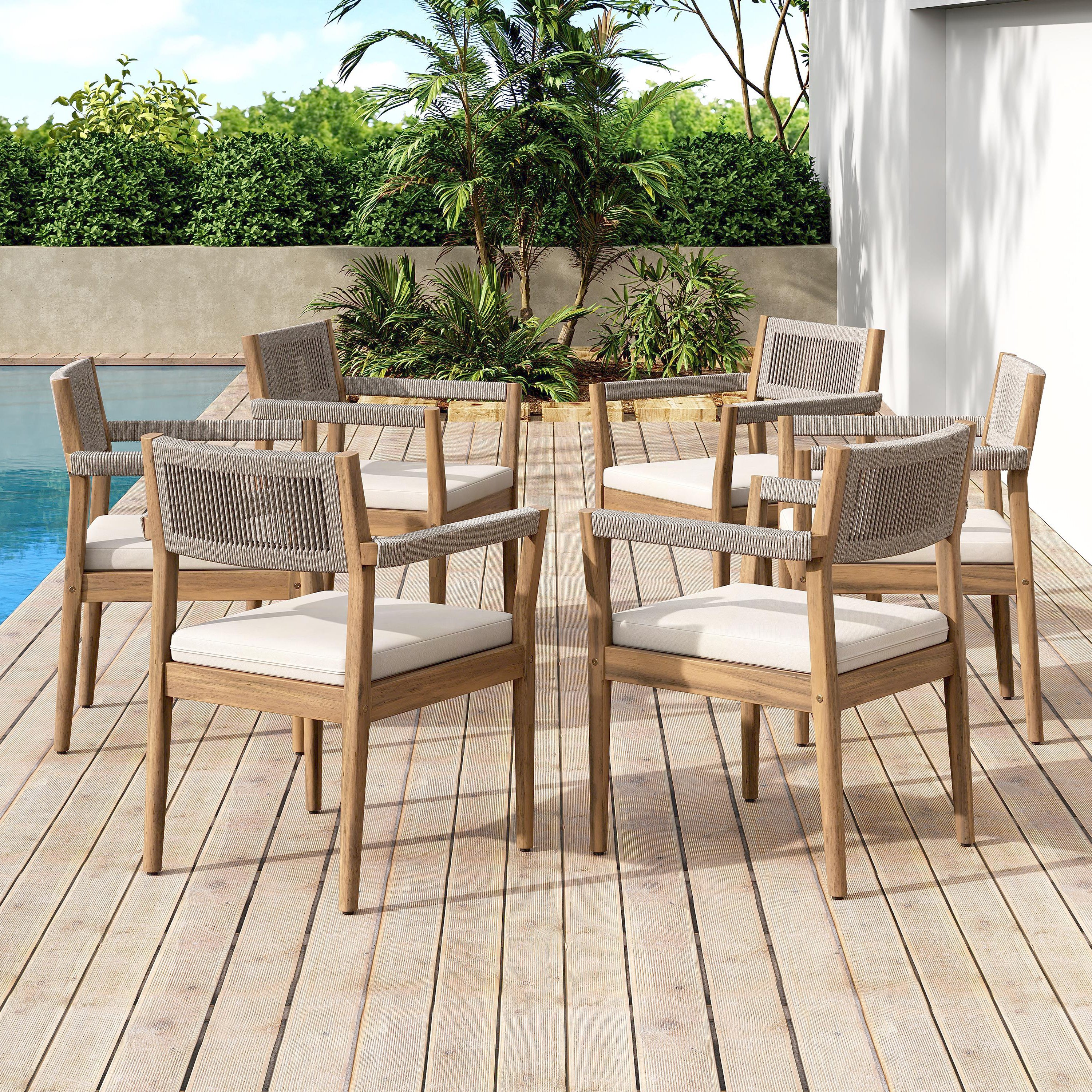 6-Pack Braided Acacia Dining Chairs – Teak Look, Beige Rope, Cream Cushions lazy boy