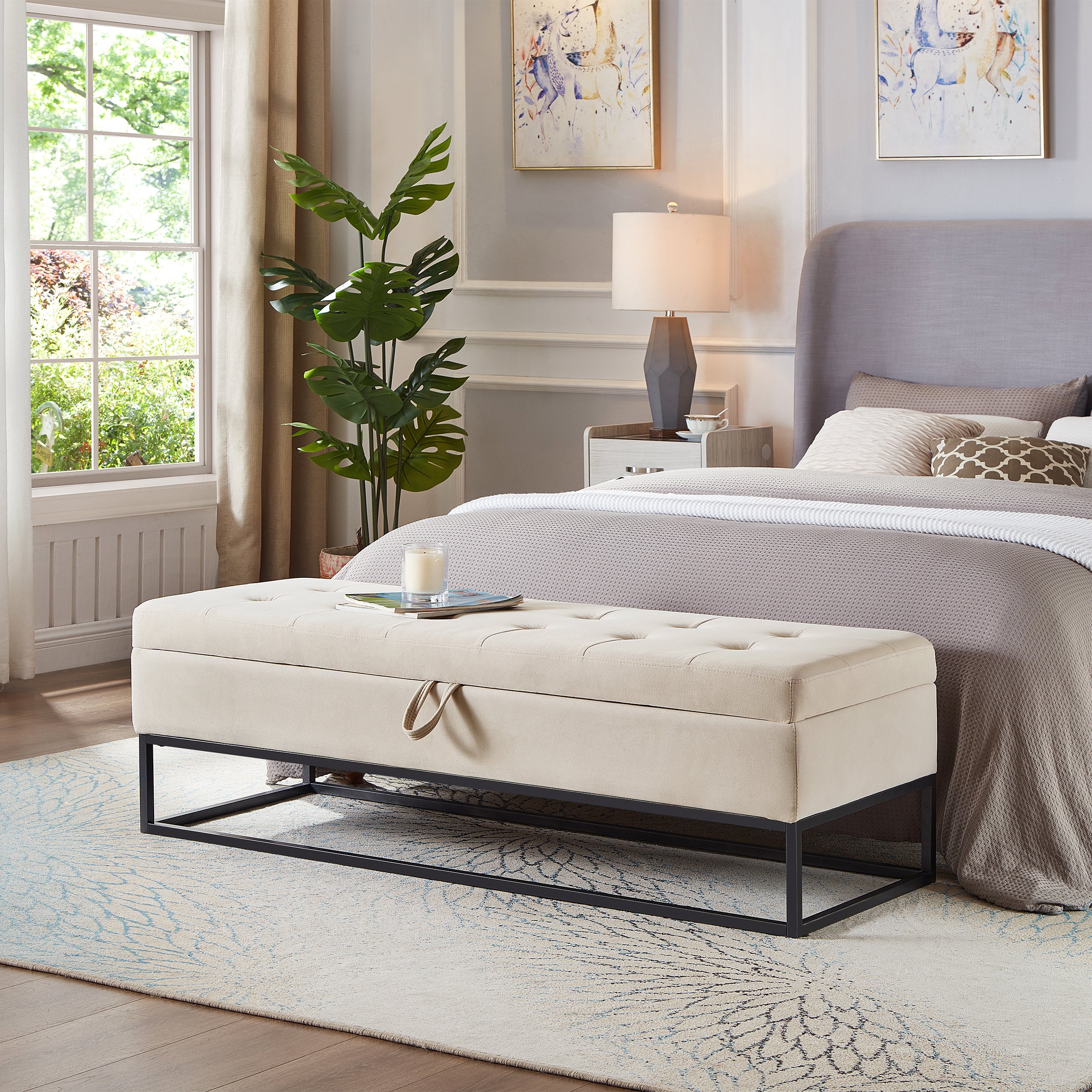 58.6' Bed Bench Metal Base with Storage Beige Velvet