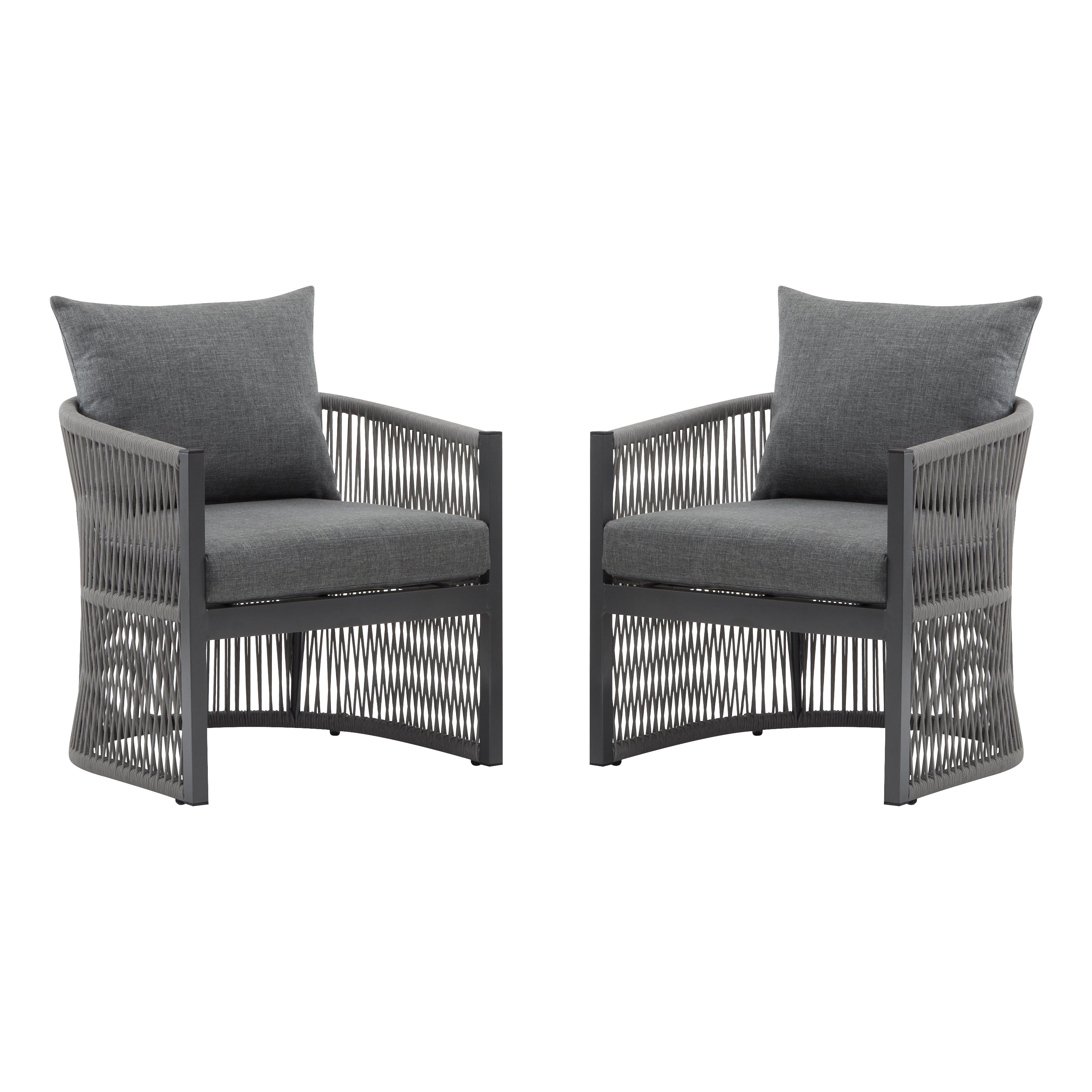 Set of 2 Modern Gray Curved Aluminum Lounge Chairs Rope-Weave Cushioned lazy boy