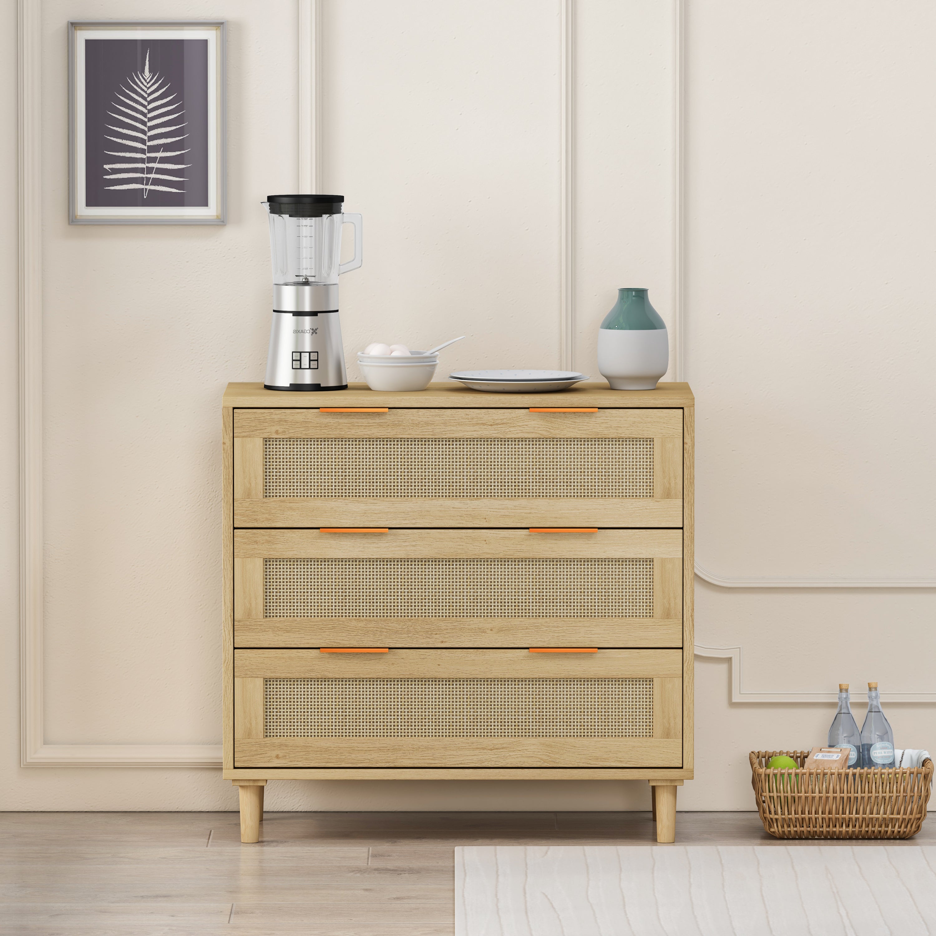 31.50'3-Drawers Rattan Storage Cabinet Rattan Drawer,for Bedroom,Living Room,Dining Room,Hallways,Oak