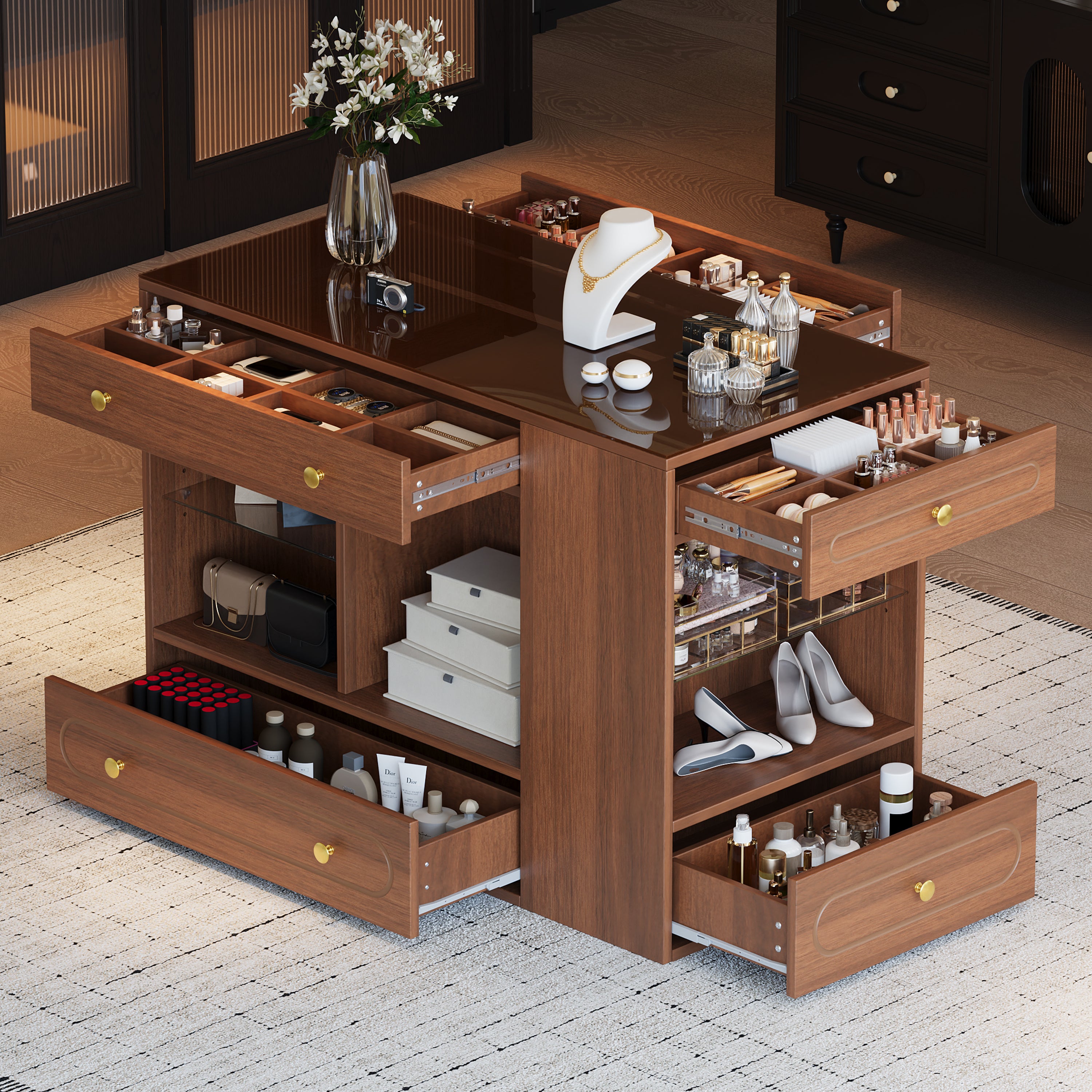 Closet Island with 6 Drawers, Wardrobe Armoire Bedroom Island with Glass Display Top and Open Shelves, Jewelry Storage Vanity Island with compartments, Walk-in Closet Island for Cloakroom, Walnut