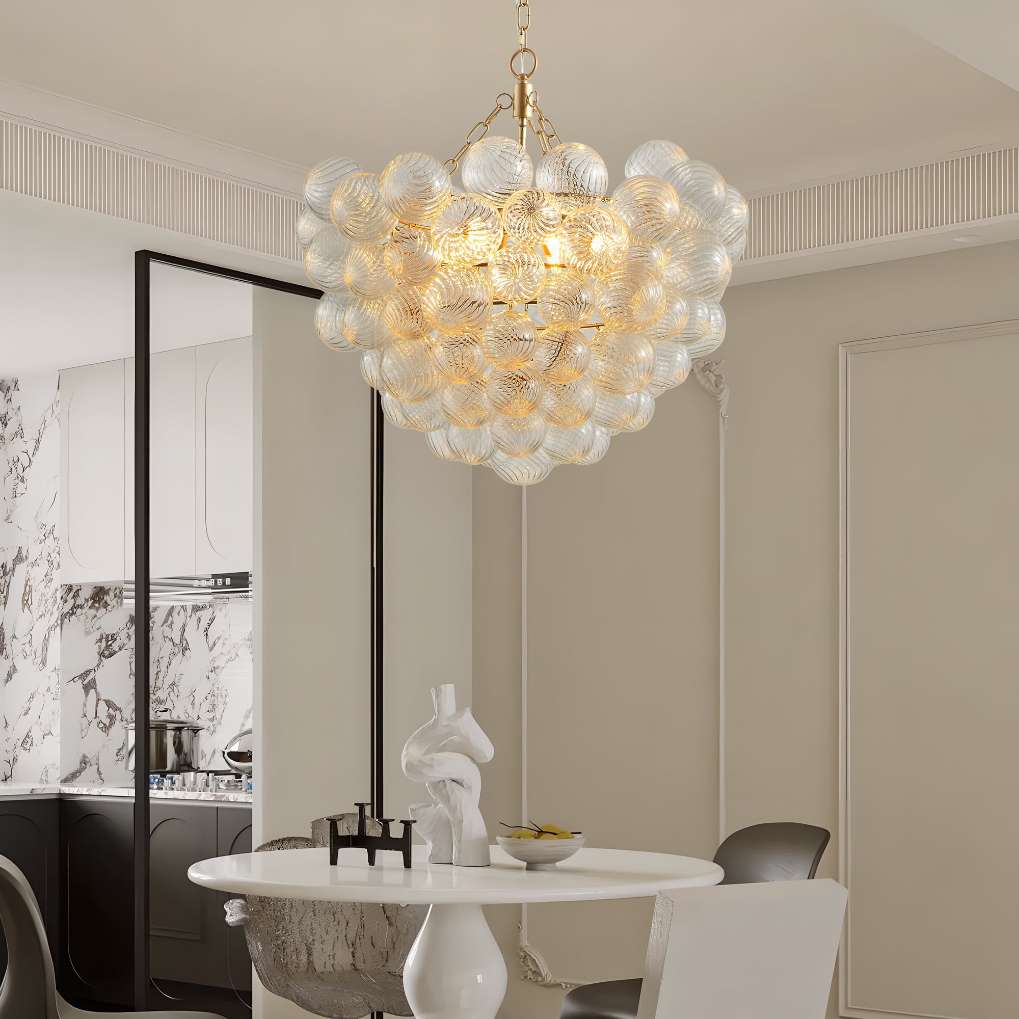 Gold Pendant Light Chandelier with Threaded Clear Glass Globe Shade – Adjustable Height, Ideal for Living Room, Dining Room, Kitchen (No Bulbs)