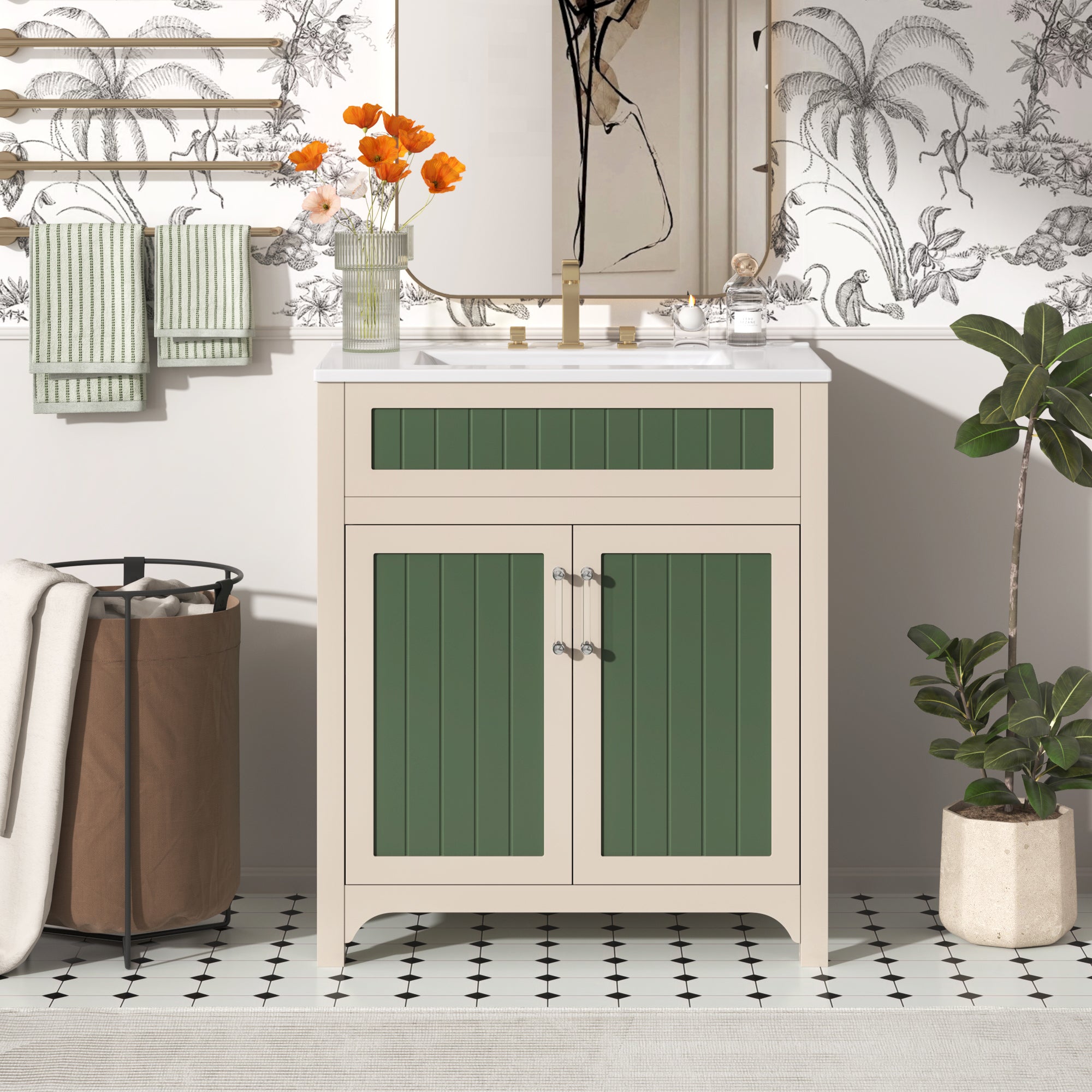 30'' Bathroom Vanity Cabinet Ceramic Sink Solid Wood Homary