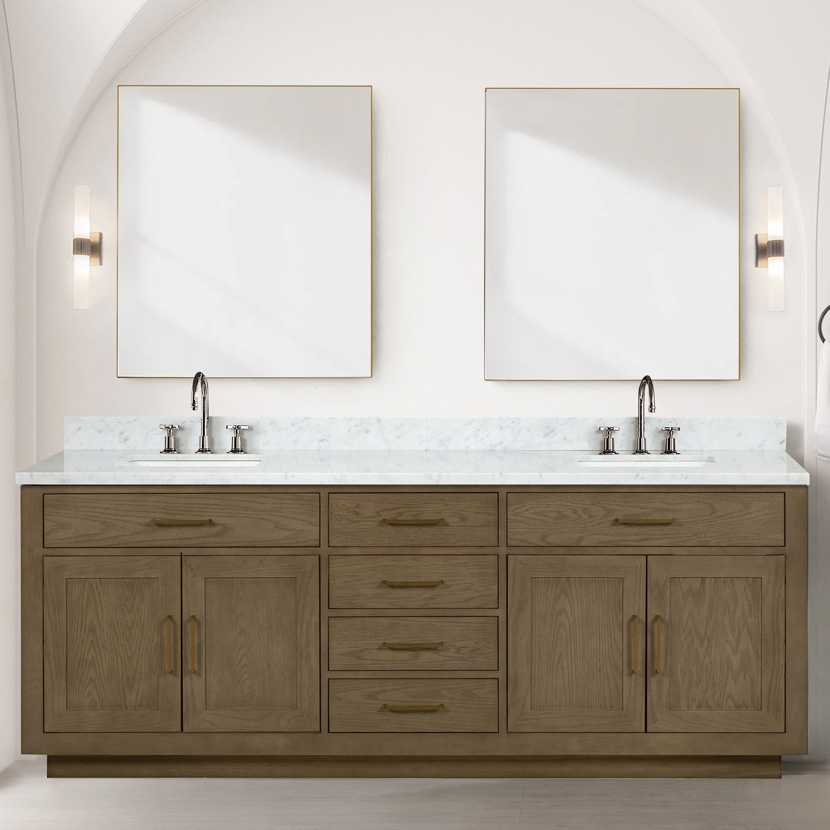 Grey Oak Double Bath Vanity Carrara Marble Top Faucet Homary