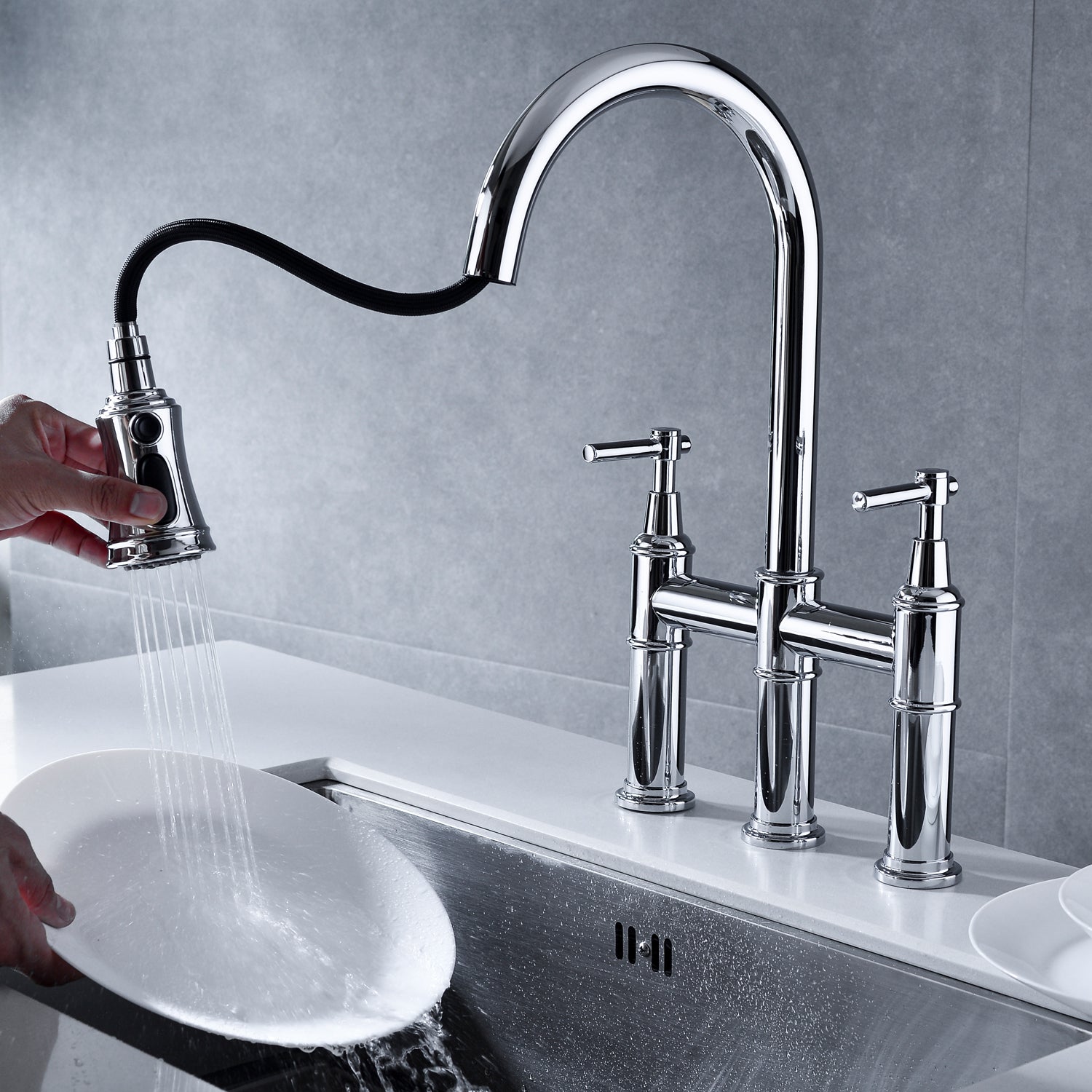 Bridge Kitchen Faucet Spot-Resistant Pull-Down Sprayhead Home Decor lazy boy