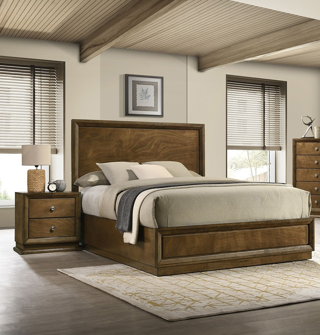 Walnut Color Transitional Style Full Size Bed 2x Nightstands 3pc Set Bedroom Furniture Metal Knobs