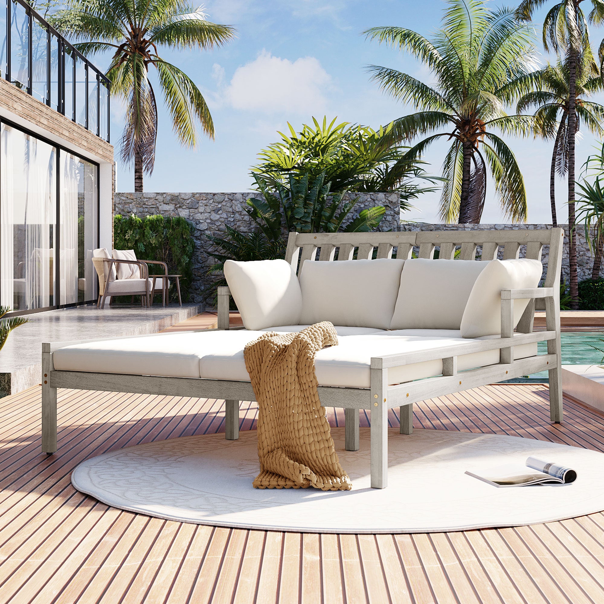 Outdoor TREXM Daybed Wooden Curved Armrests Gray+Beige Cushions Poolside lazy boy