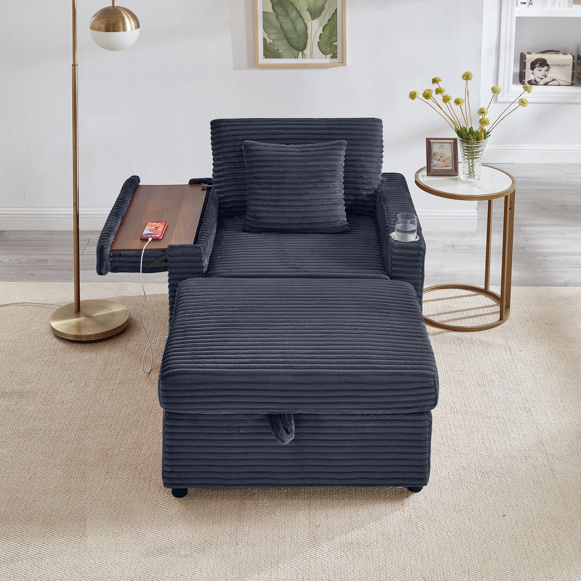 Comfortable Fluffy Corduroy Lazy Sofa, Storage Space for Big Single Chair, Super Soft Chaise Lounge with Ottoman and Table Board,Suitable for Chailiving Room,Apartment