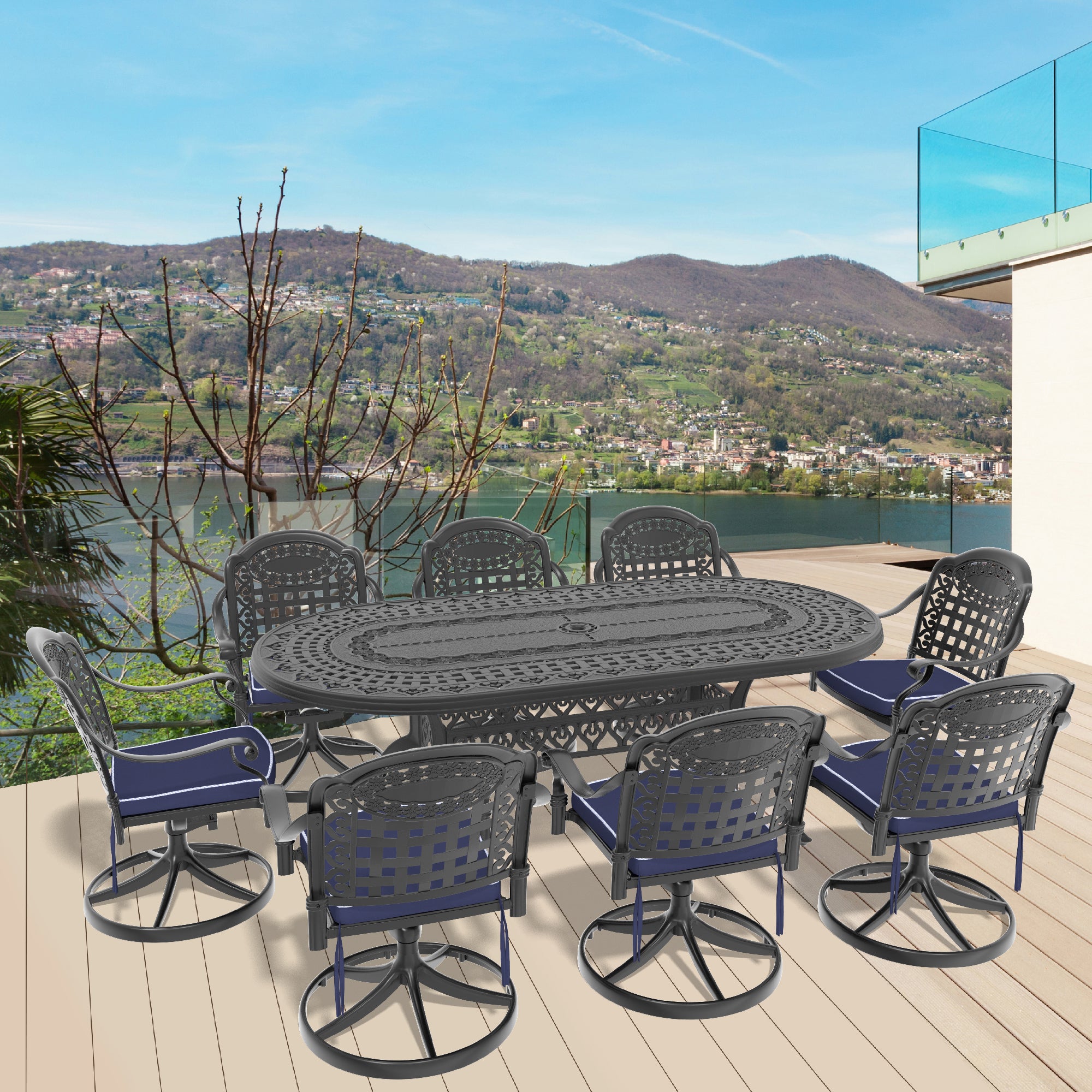9-Piece All-Weather Cast Aluminum Dining Set 8 Swivel Chairs Black-Frame Oval Table homary