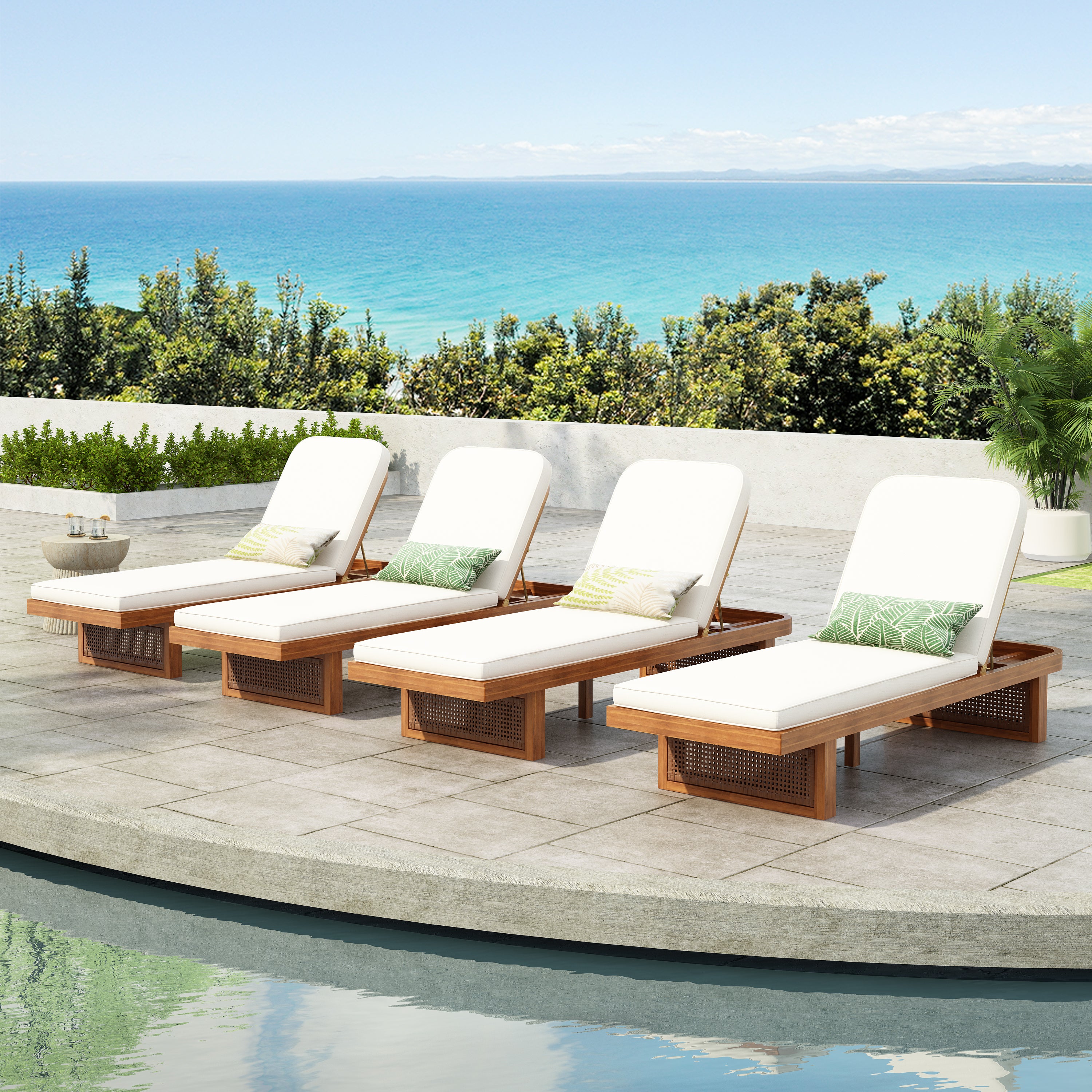 Outdoor Lounge Chair Acacia Wood PE Rattan White Cushion MP4 Patio lazy boy