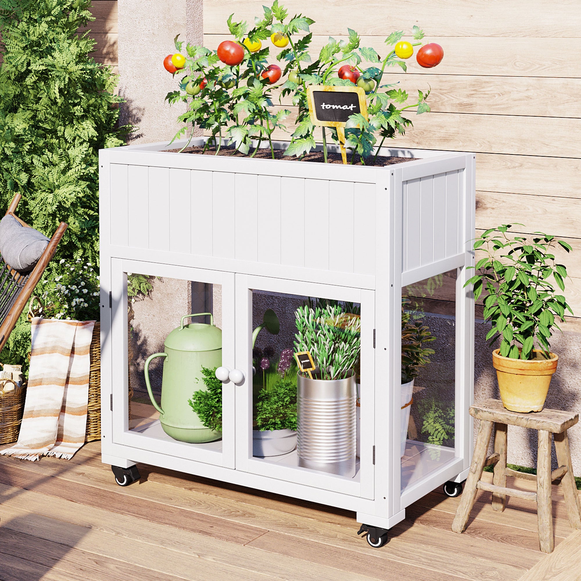 TOPMAX Patio Mini Wood Cold Frame 2-Door Garden Greenhouse with Wheels Homary