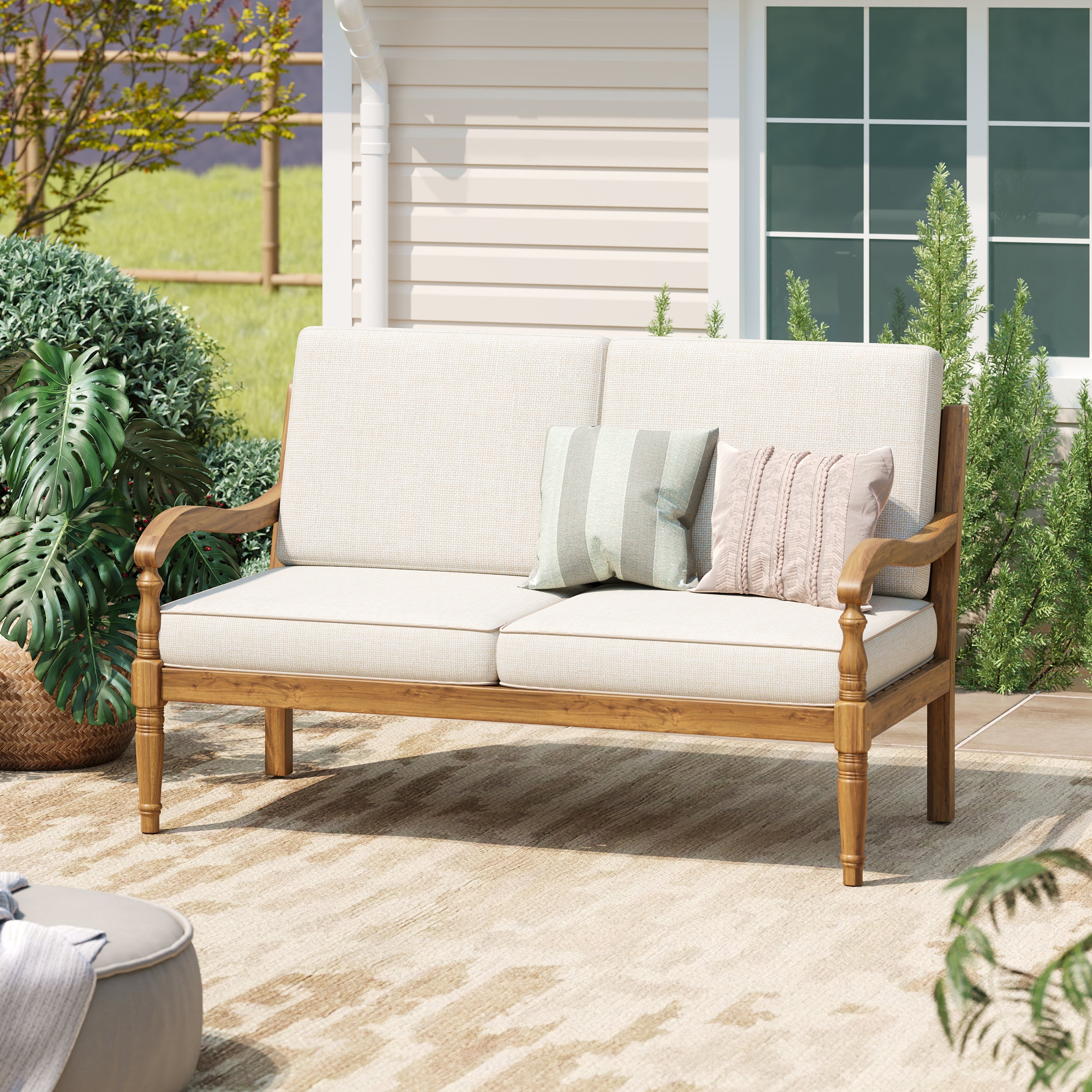 Acacia Wood Outdoor Loveseat Beige Fabric Cushions Natural Garden lazy boy