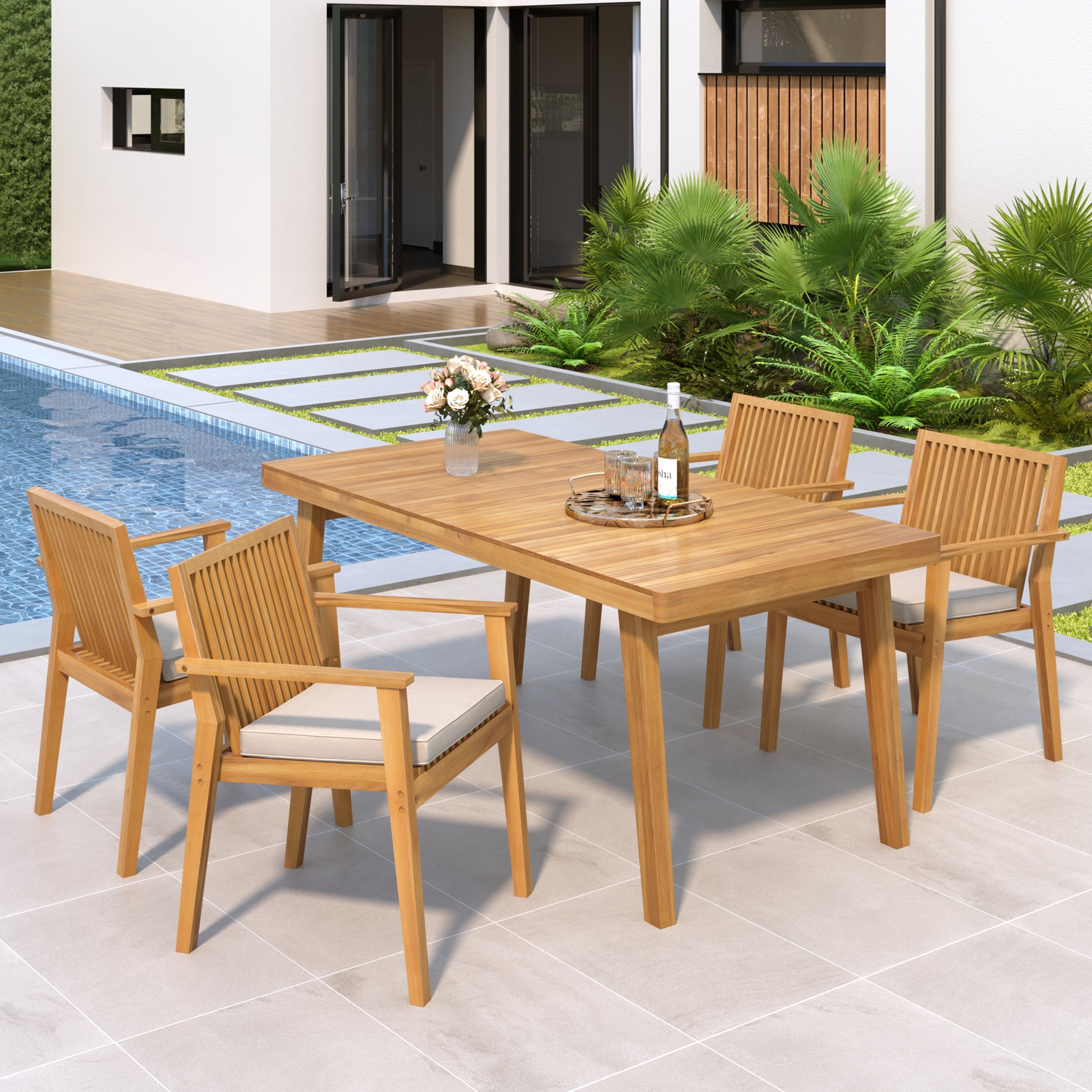 5-Piece Acacia Wood Patio Furniture Set 4 Cushioned Chairs Homary