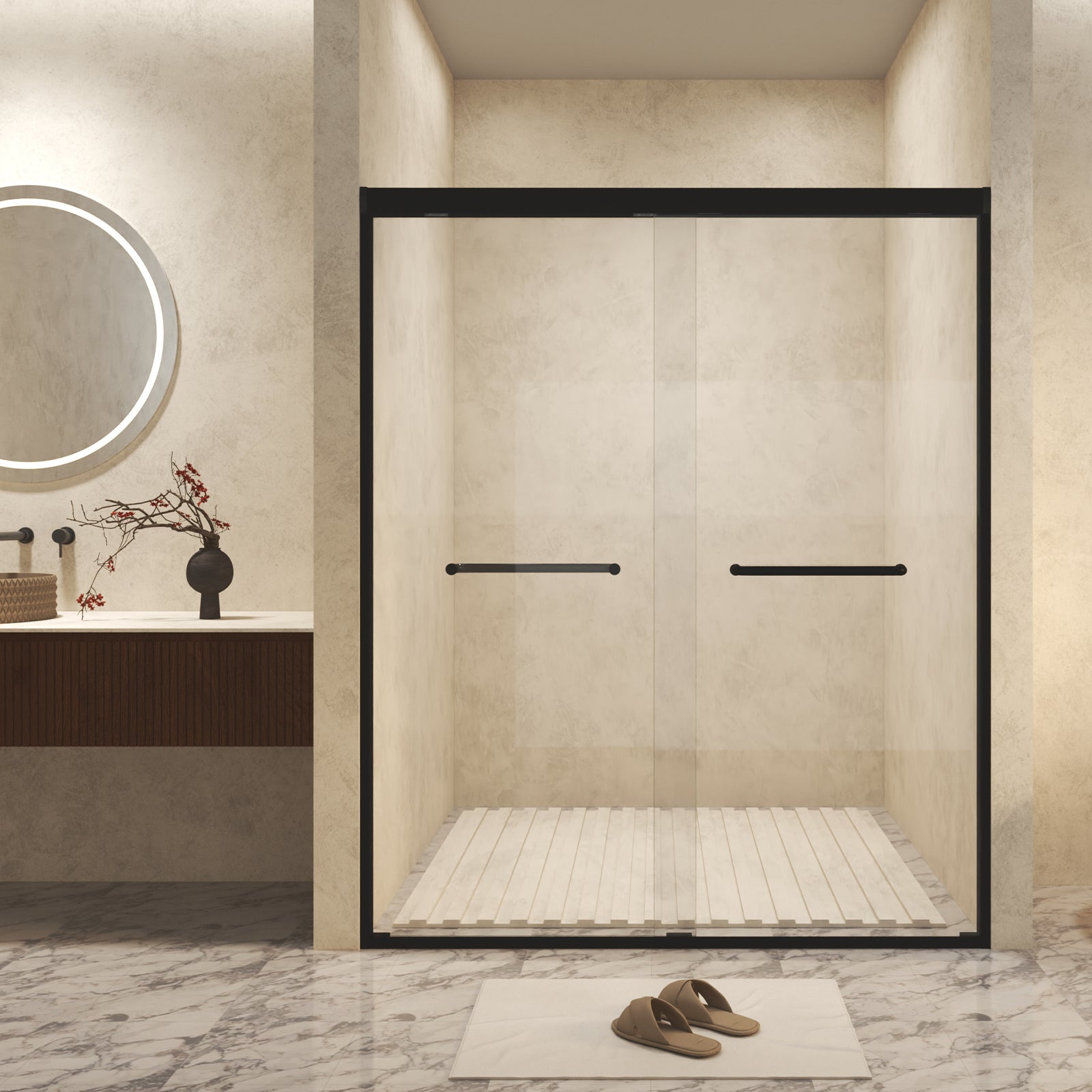 Double Sliding Shower Door Tempered Glass Aluminum Frame Matte Black Homary