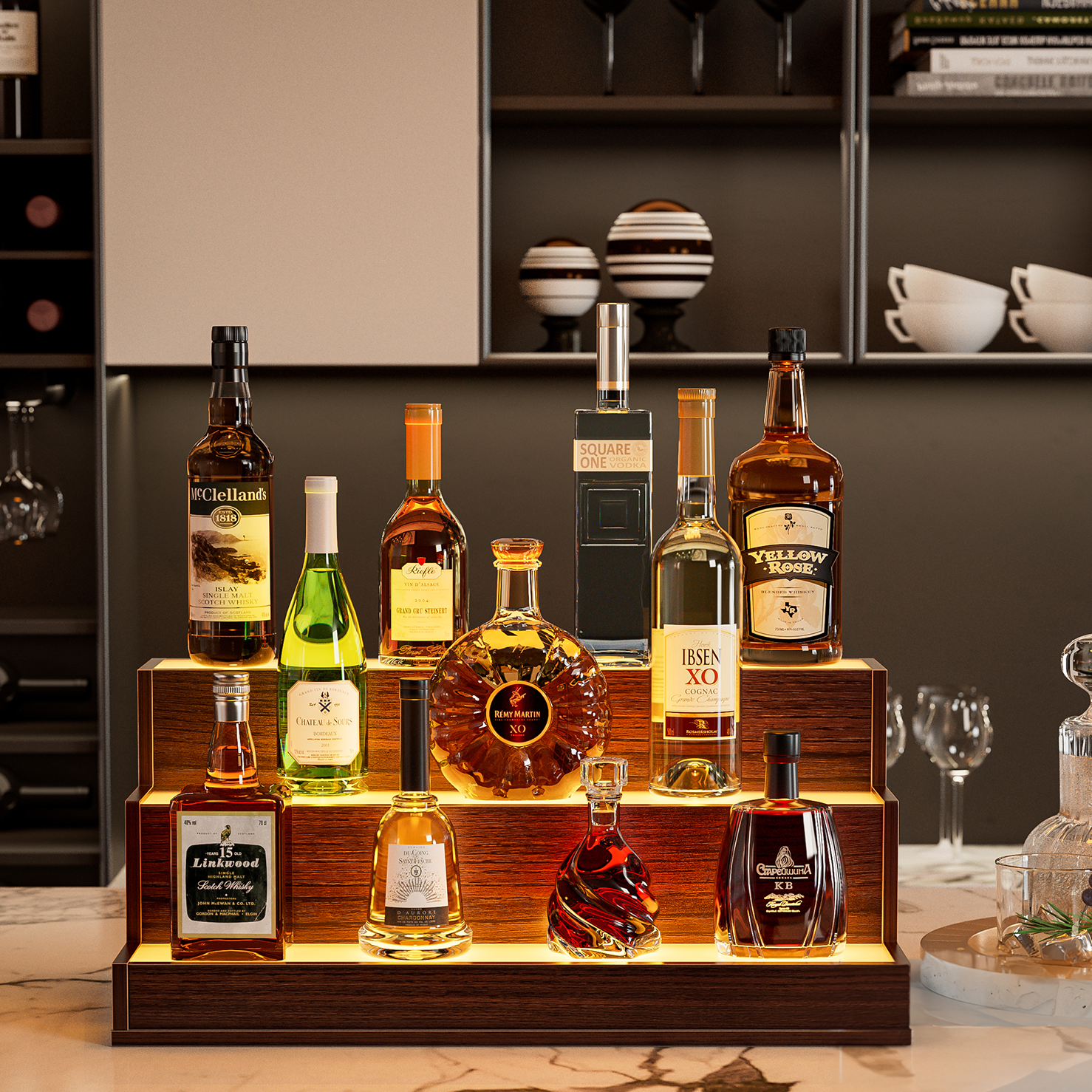 LED Lighted 24 Inch Liquor Shelf DIY Illuminated Walnut Party Home Bar lazy boy