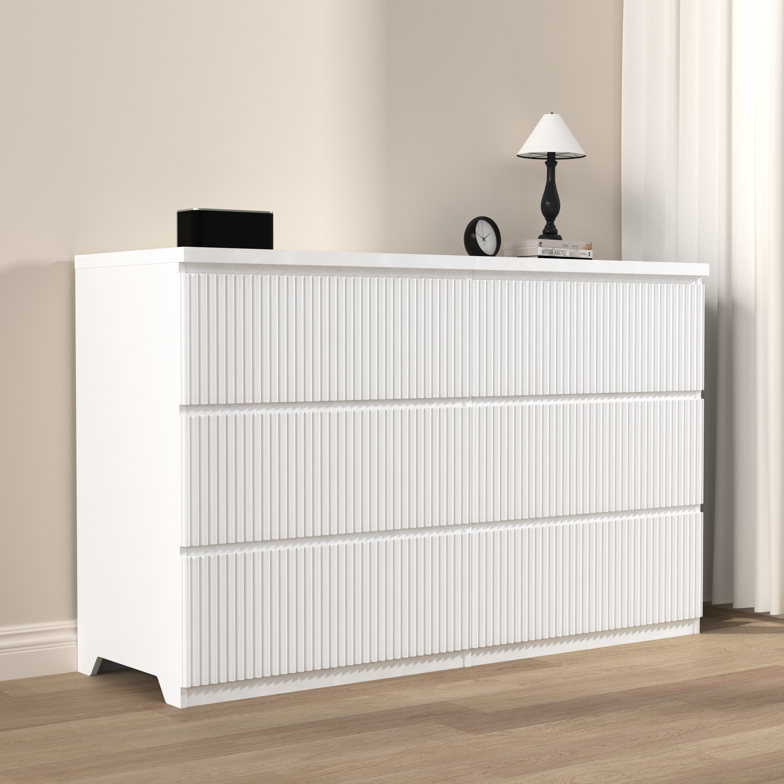 6 Drawer Storage Cabinet ,Dresser, Wood Storage Tower Clothes Organizer with Wavy drawer panel, Wide Chest of 6 Drawers, Large Storage Space for Bedroom, Hallway, Entryway Living Room White