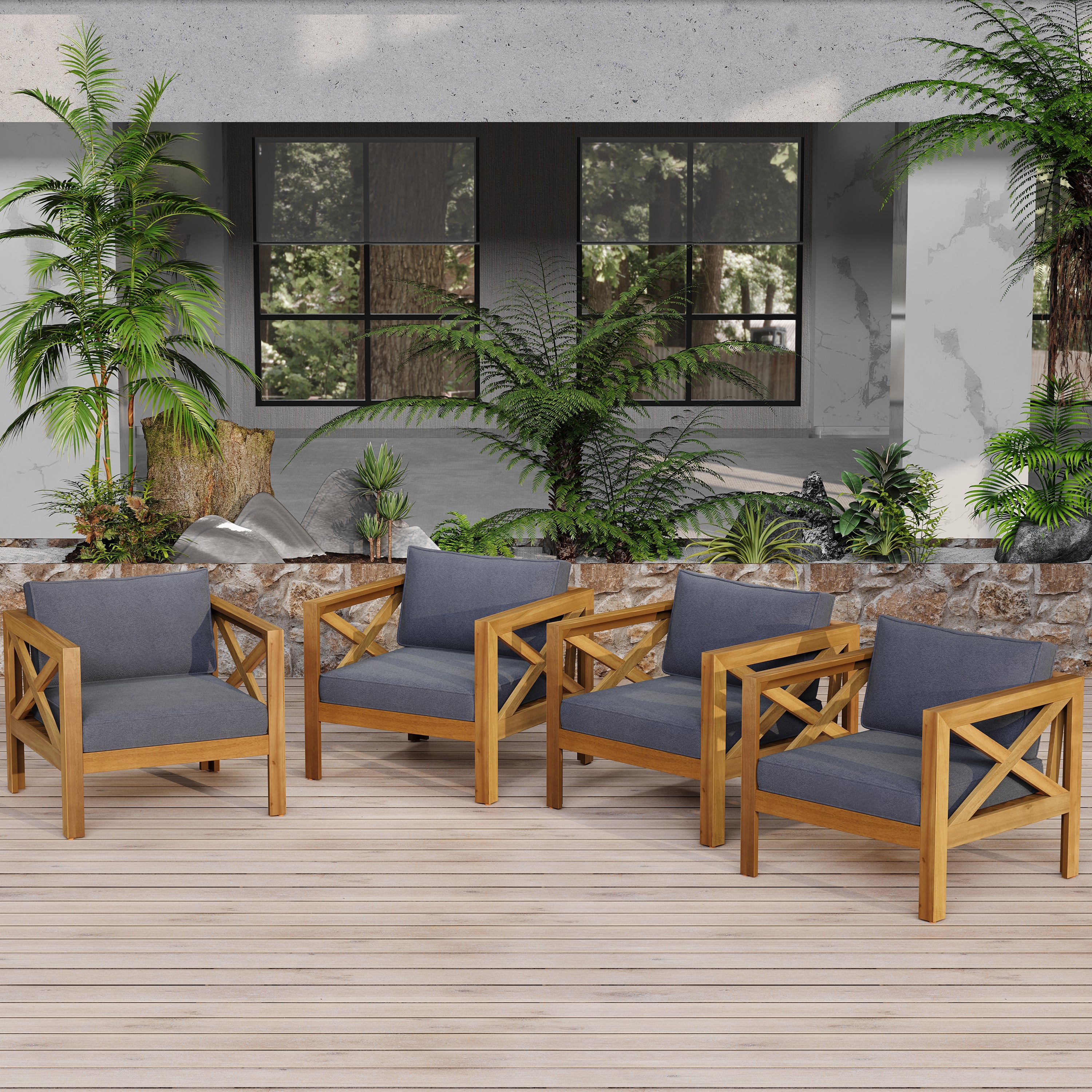 Set of 4 Outdoor Acacia Wood Club Armchairs Teak Finish Dark Grey Cushions lazy boy