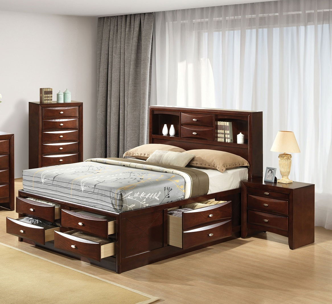 Contemporary Eastern King Size Bed 2x Nightstands Headboard Bookcase Cherry Color 3pc Set Bedroom Furniture