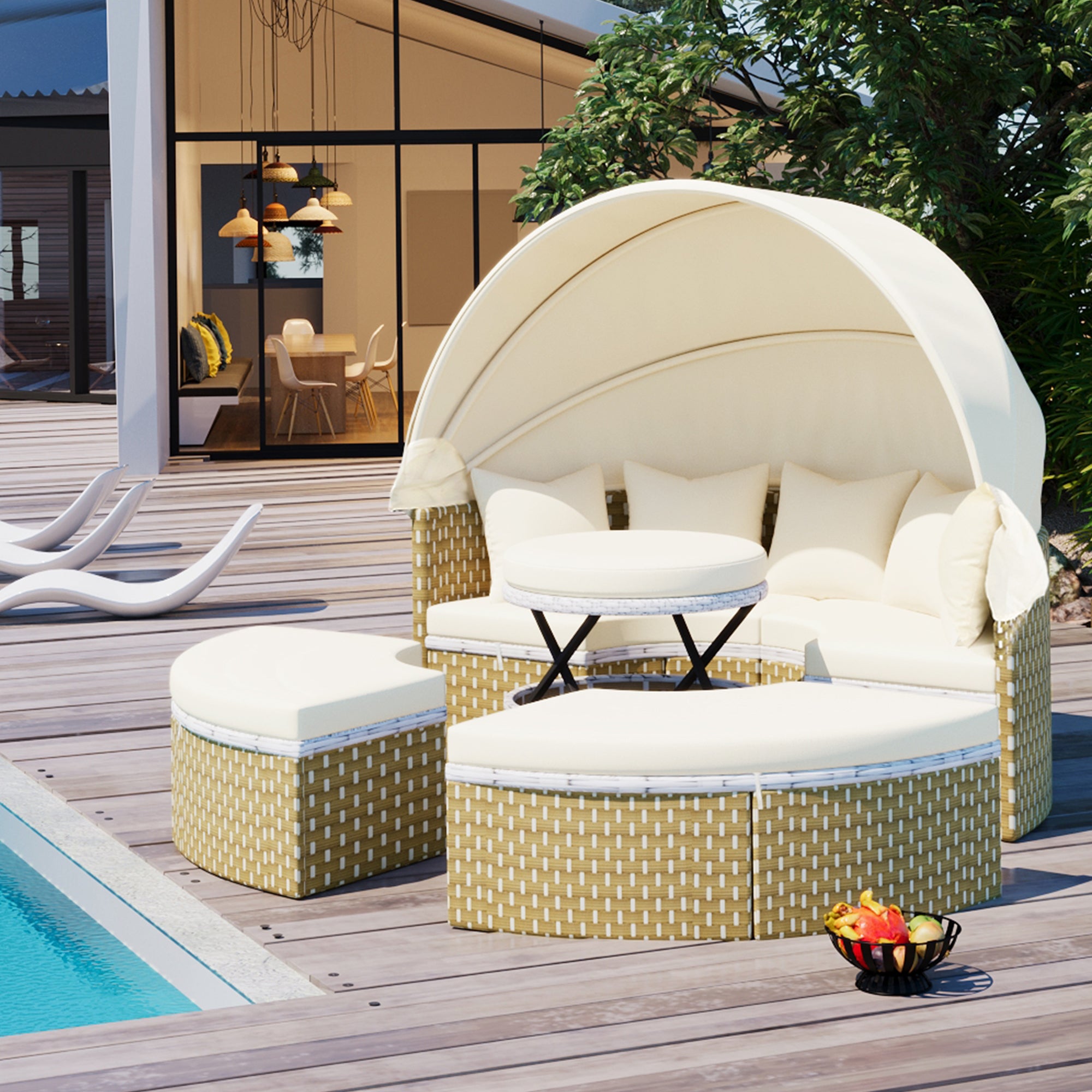 TOPMAX Round Patio Sectional Sofa Set Rattan Sunbed Canopy Homary