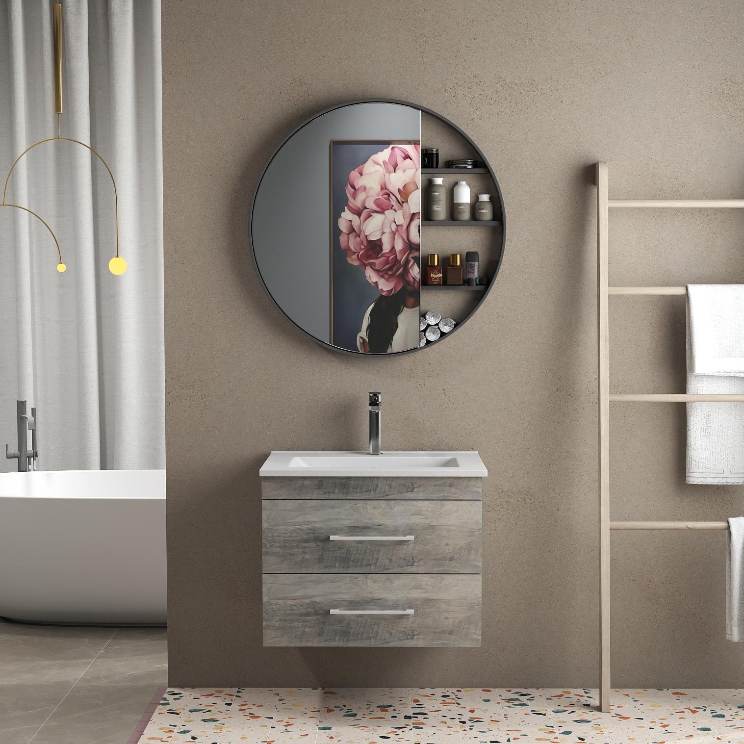 Grey Wood Grain Wall-Mounted Vanity Double Drawers Ceramic Sink zuri