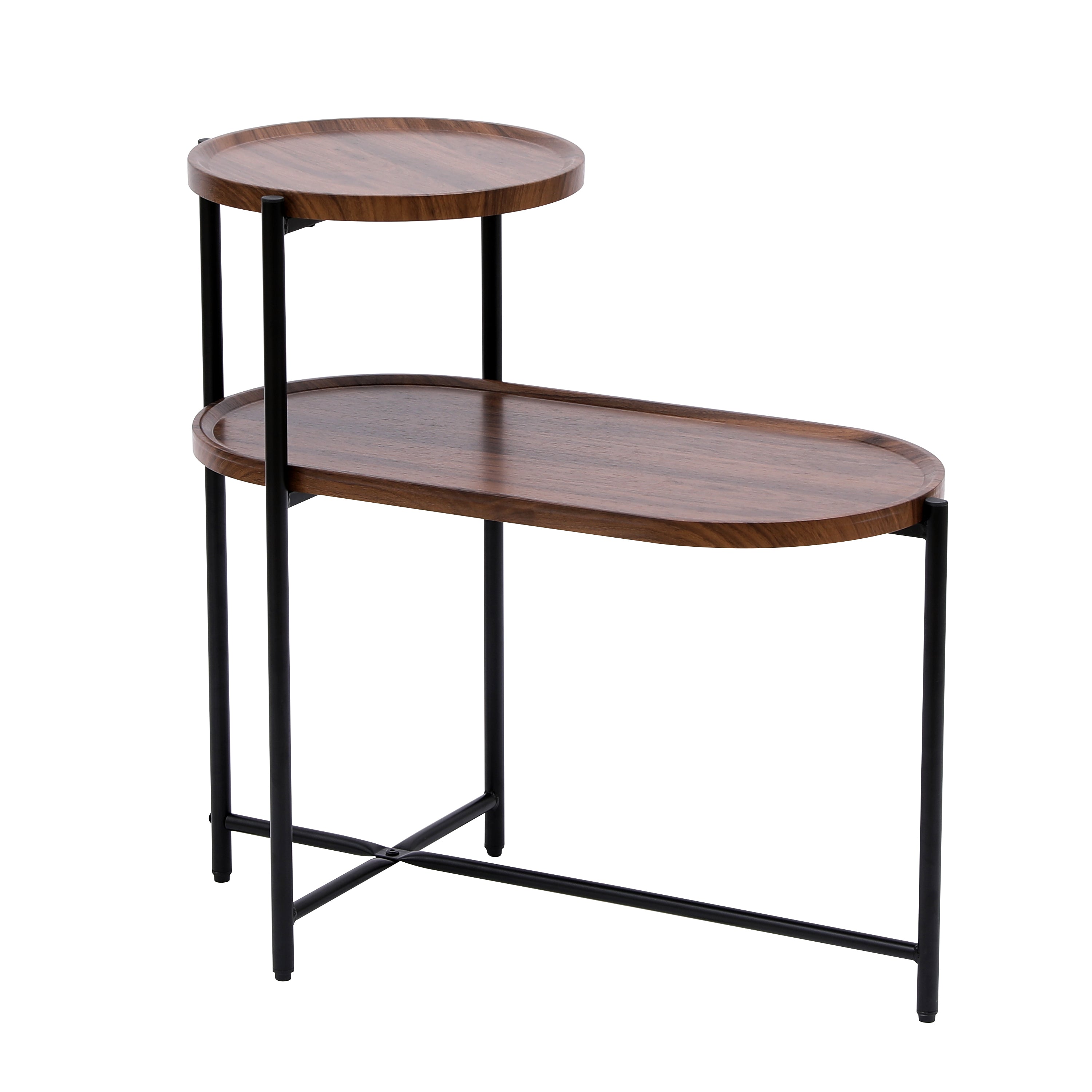 Modern 2-Tier Walnut Brown Coffee Table with Wood Storage Shelf and Metal Frame for Living Room