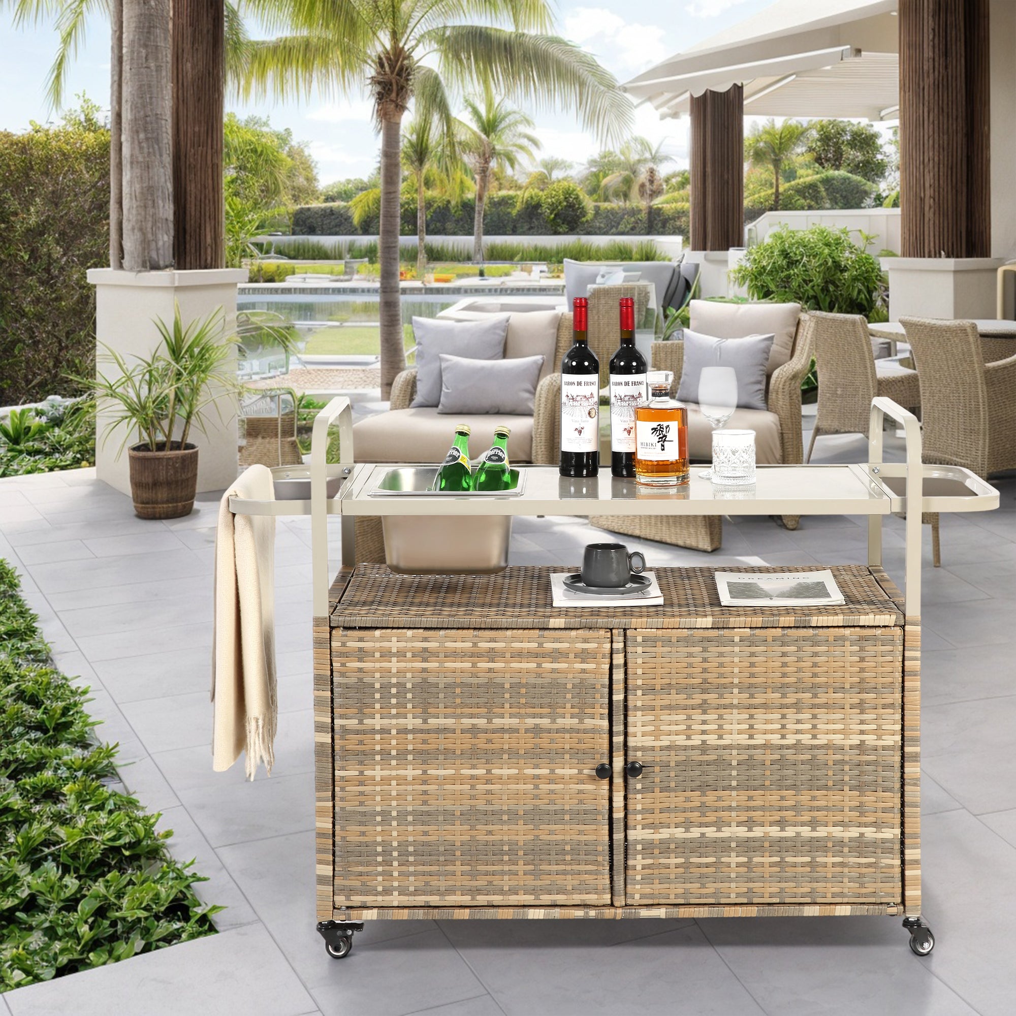 Wicker Bar Cart Outdoor Bar Table with Storage Cabinet Homary