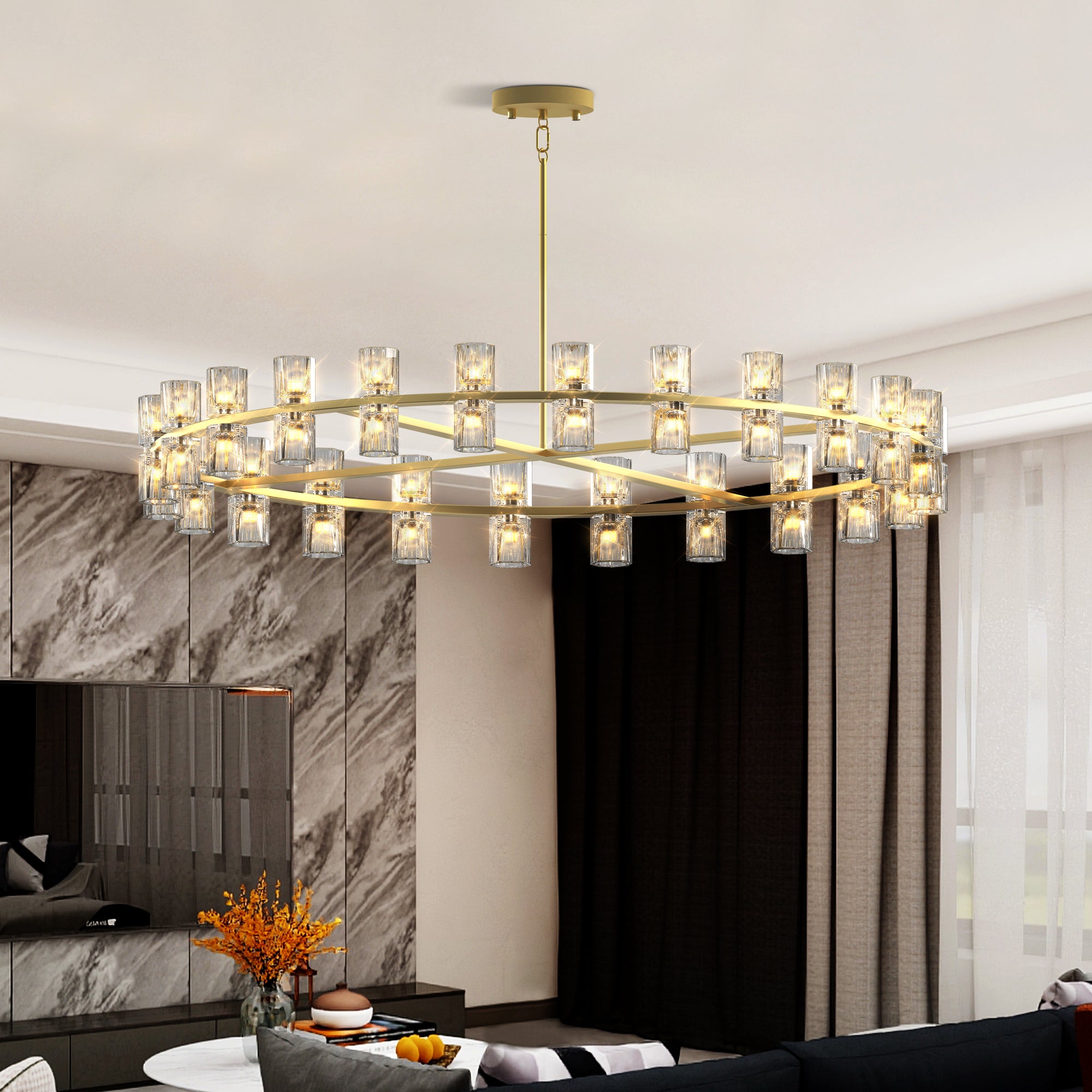 Gold Wagon Wheel Chandelier with Crystal Shade, 48 Lights, Modern Farmhouse Style, Ideal for Dining Room, Kitchen, Entryways