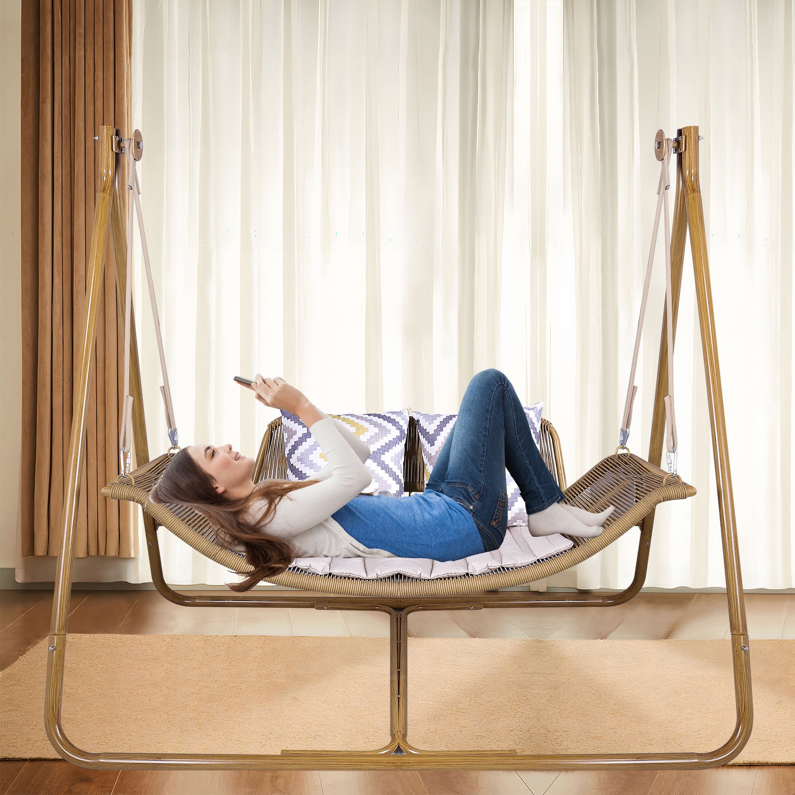 Oversized Hammock Swing Chair - 570LBS, Wood-Frame, Indoor/Outdoor lazy boy