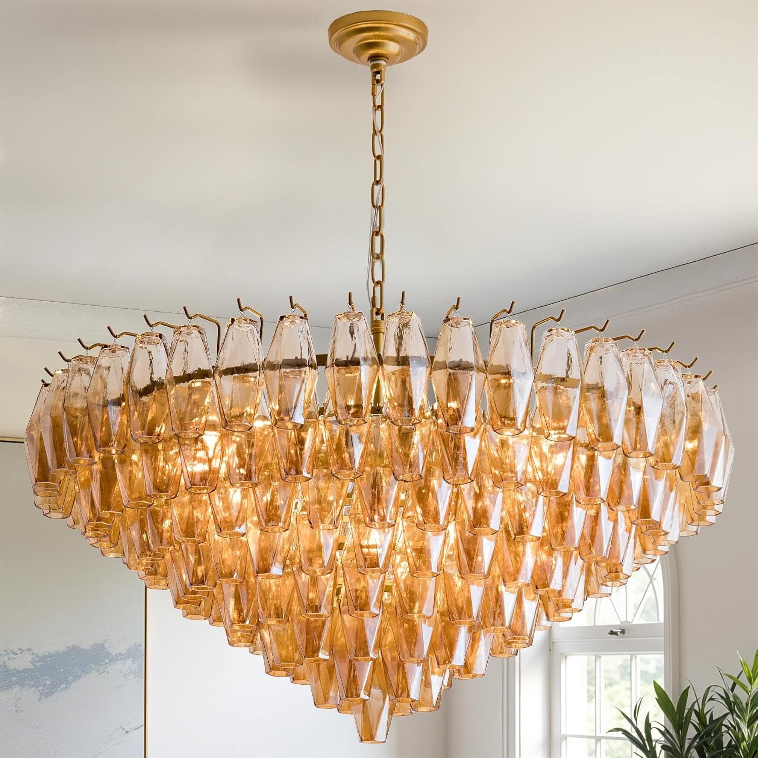 Extra Large Chandelier, 14-Light Gold Modern Round Chandelier for Living Room, Tiered Smoke Blown Glass Brass Chandeliers, Hanging Light Fixture for Bedroom, Dining Room, Foyer, Entryway