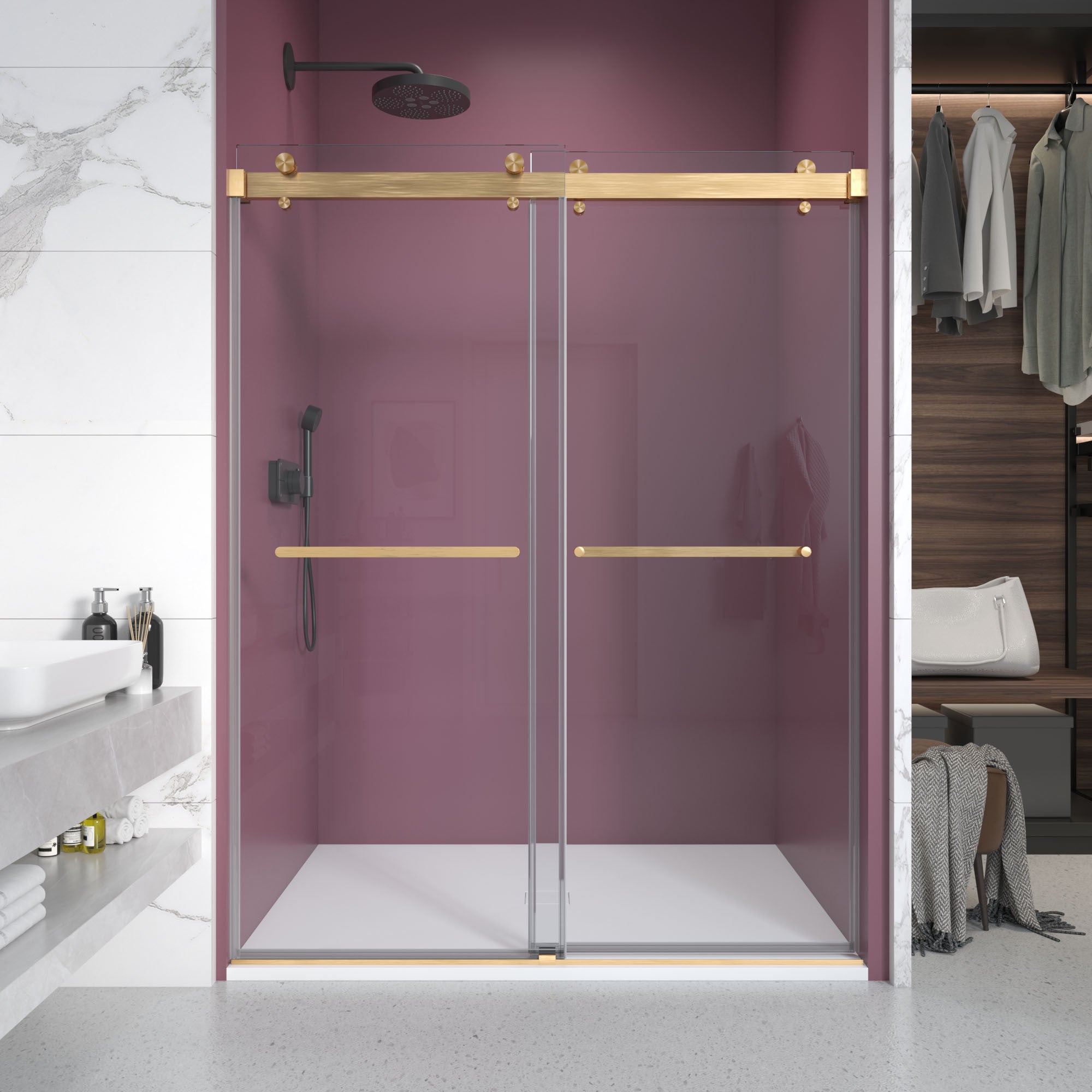 Double Sliding Frameless Shower Door Clear Glass Brushed Gold Homary