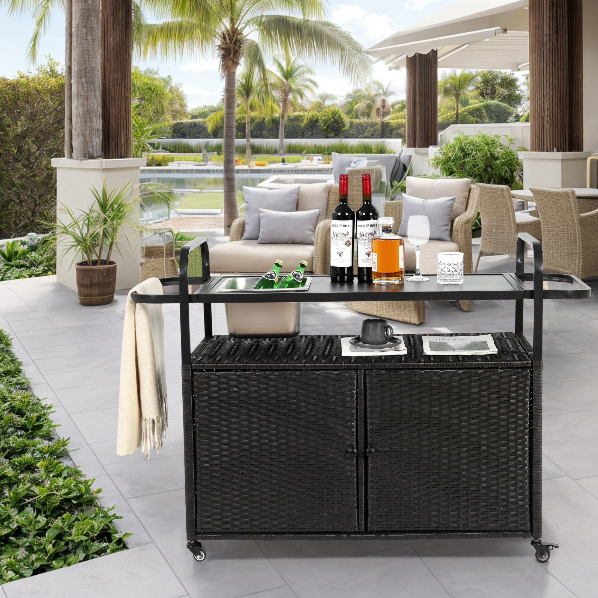 Outdoor Wicker Bar Cart Bar Table with Cabinet Homary