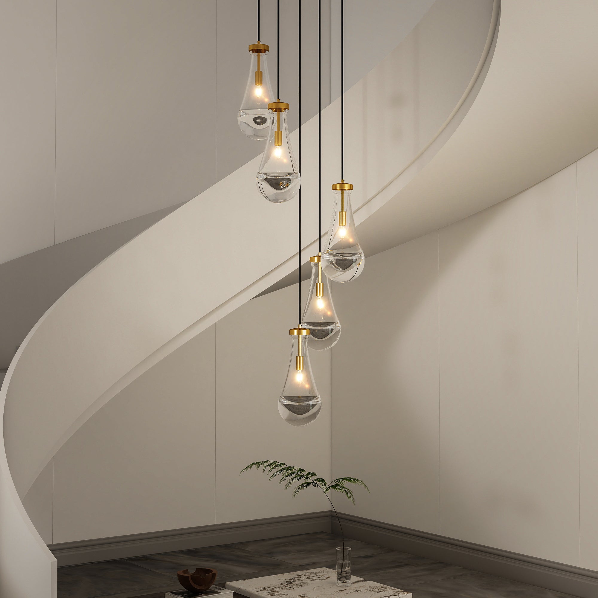 5 Light Cluster Pendant Light, Brass High Ceiling Chandeliers Adjustable, Living Room Pendant Light, Foyer Chandeliers, Stairwell Pendant Lights,E12 not Including Bulb