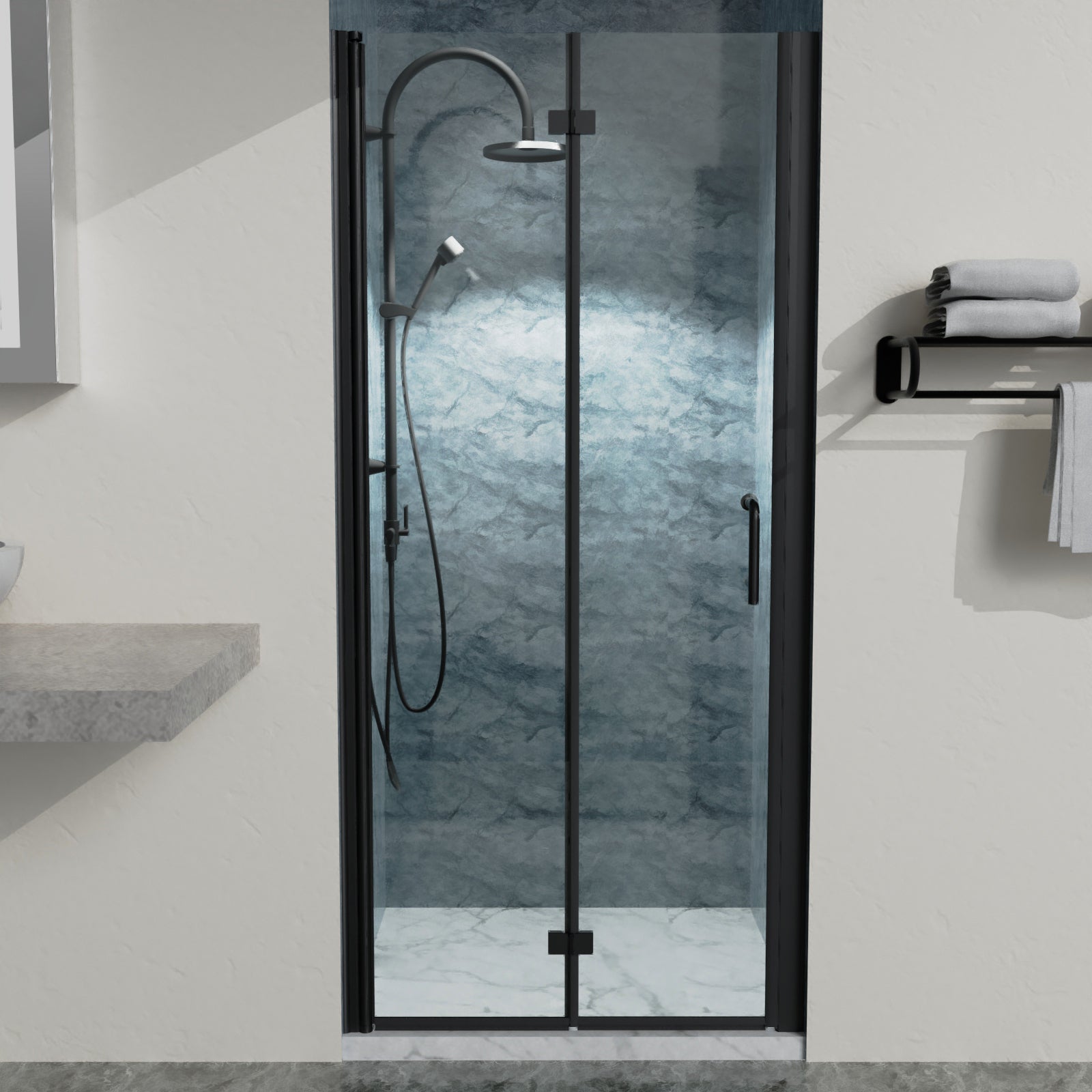 Bi-Fold Semi-Frameless Shower Doors Matte Black Clear Glass Homary