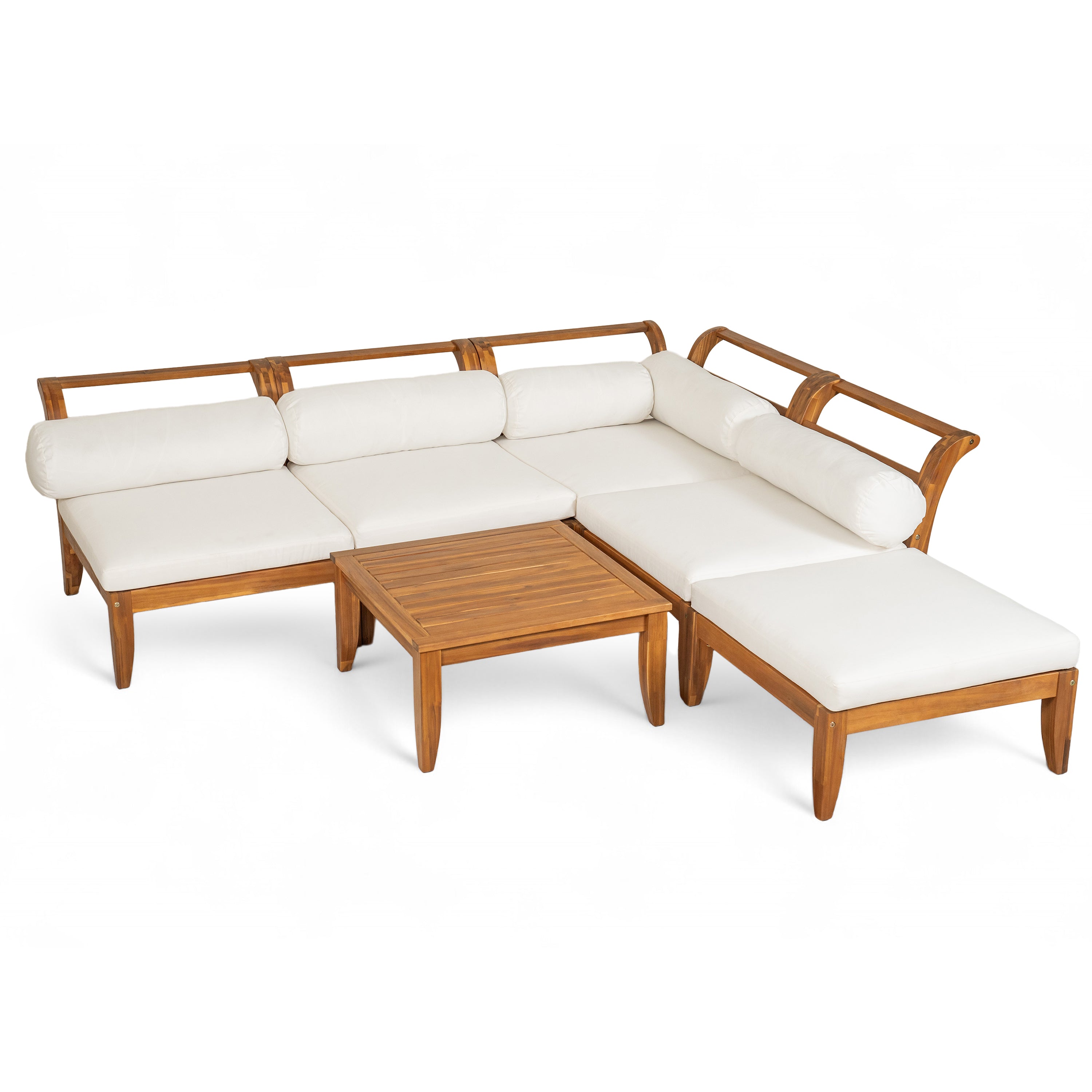 TOPMAX Outdoor Acacia Wood L-Shaped Sectional Sofa Set Tea Table Ottoman homary