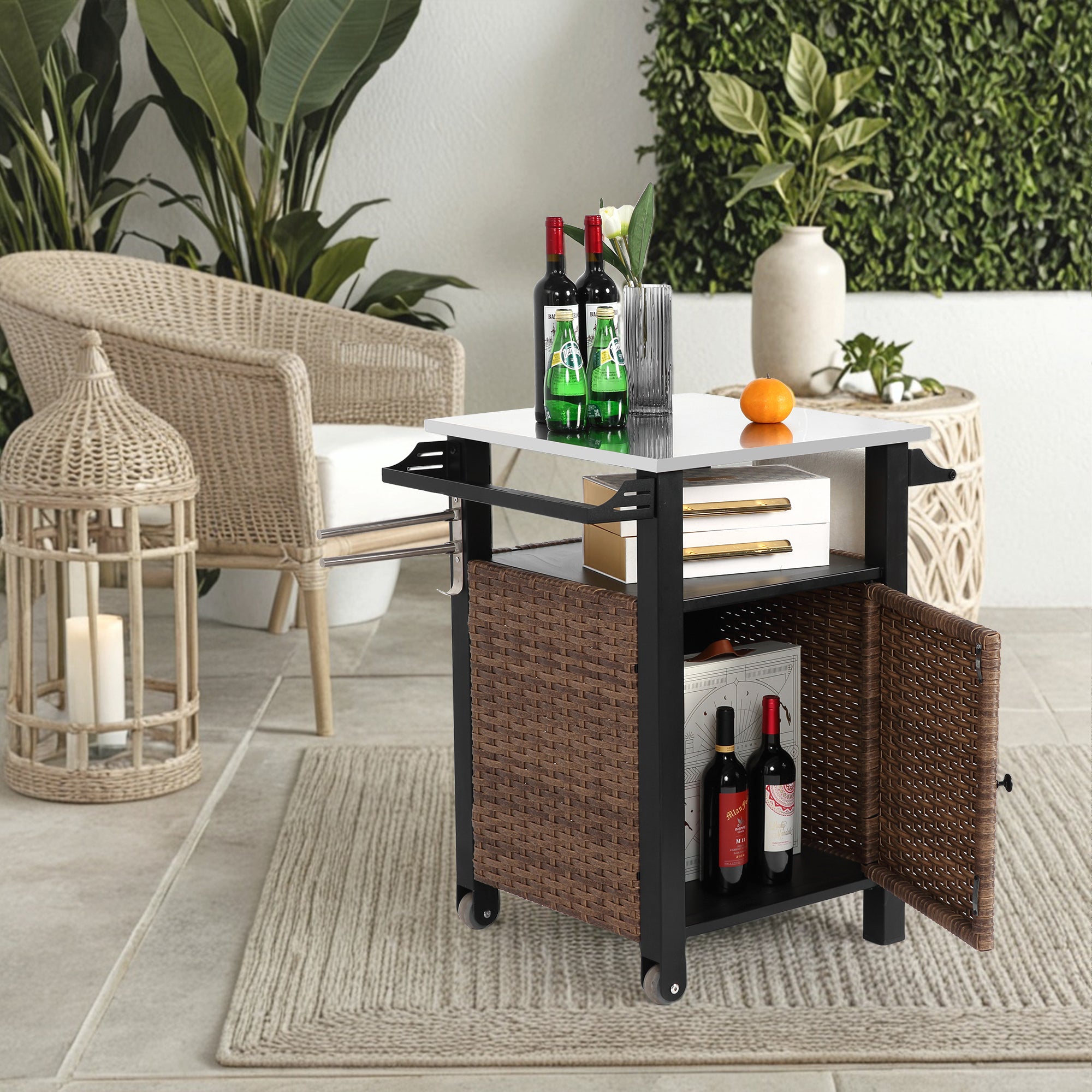 Outdoor Kitchen Single Door Wicker Bar Cart Rolling Island Storage Cabinet Homary
