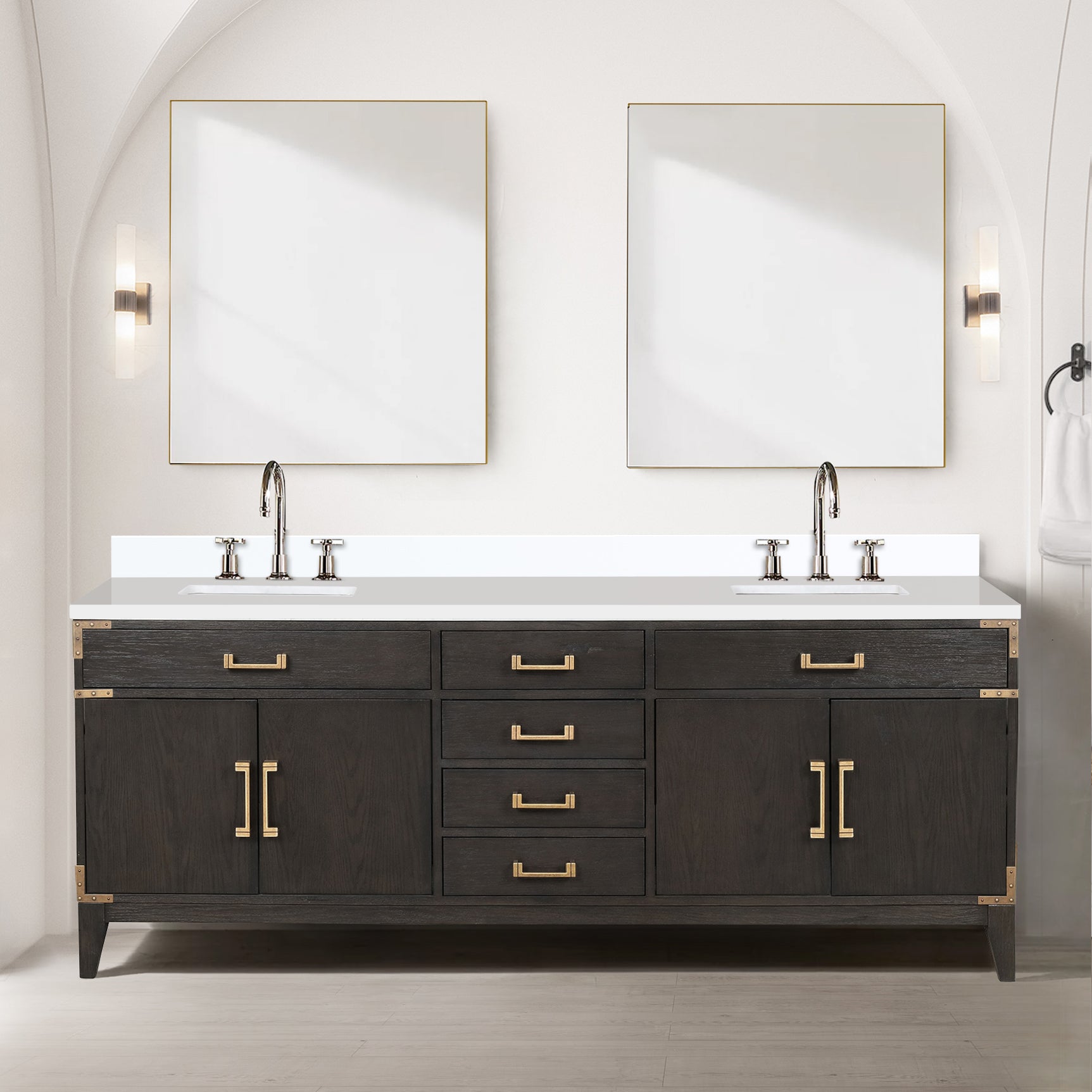 Brown Oak Double Bath Vanity White Quartz Top Mirrors Homary