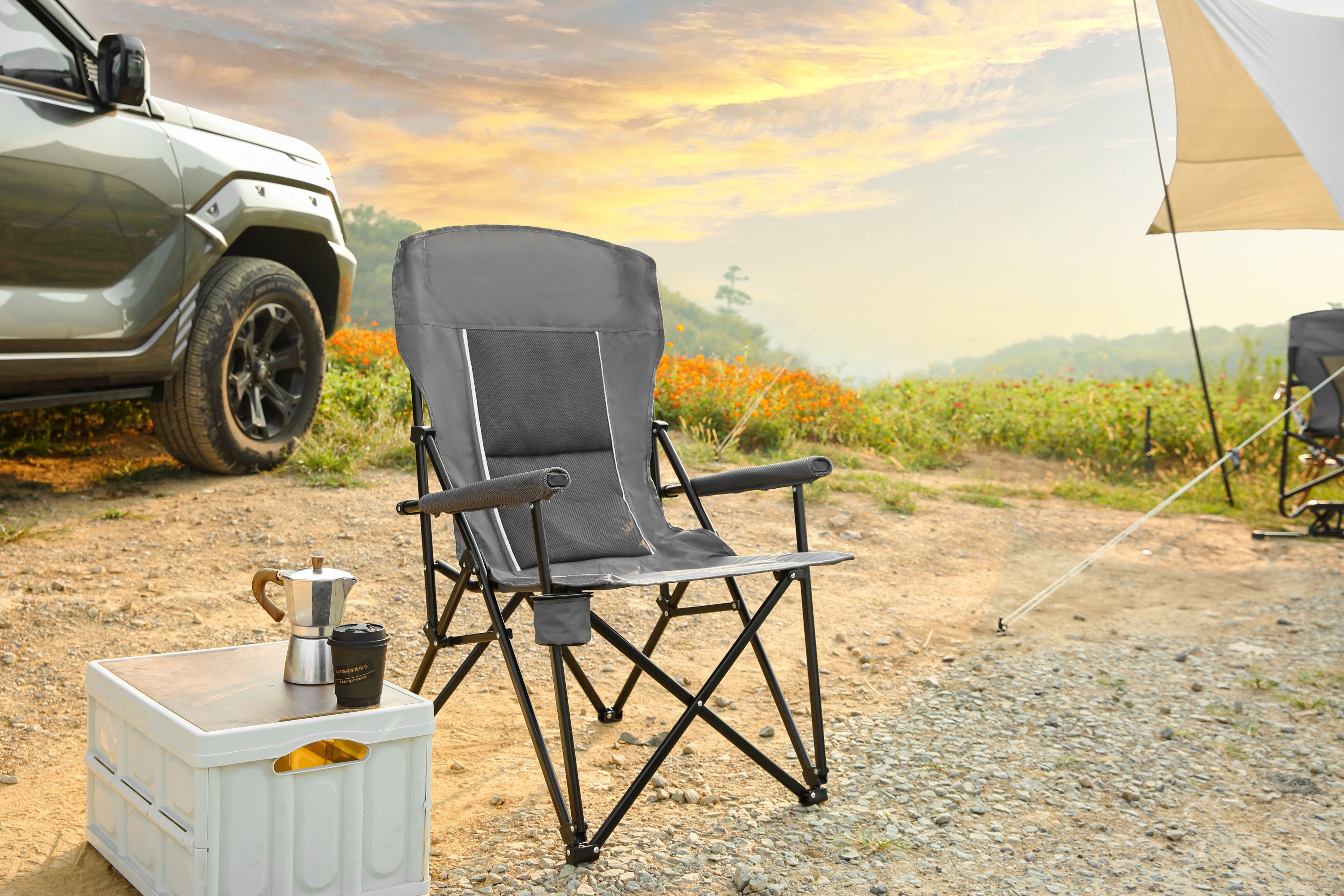 Grey High Back Heavy Duty Lawn Chair - Supports 250LBS, Portable with Cup Holder Homary