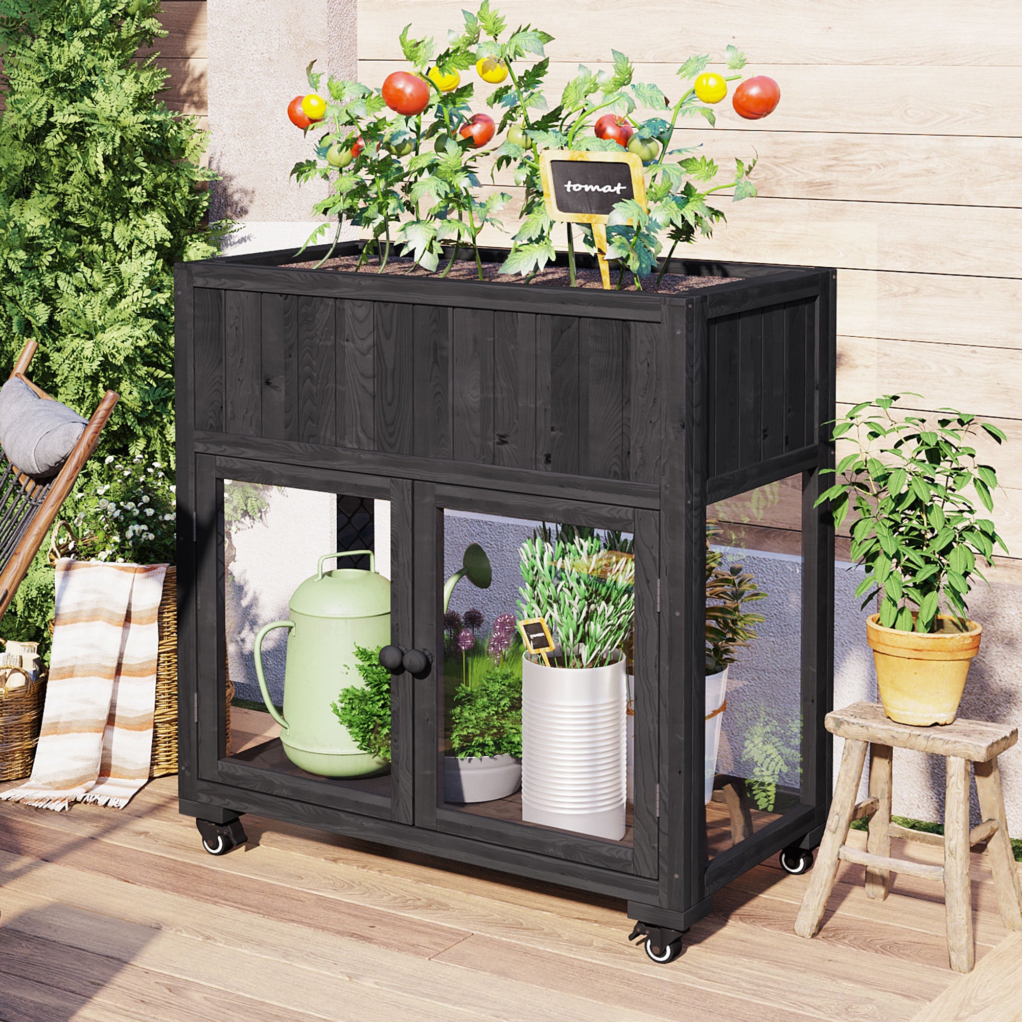TOPMAX Mini Wood Cold Frame Compact 2-Door Patio Garden Greenhouse with Wheels Homary