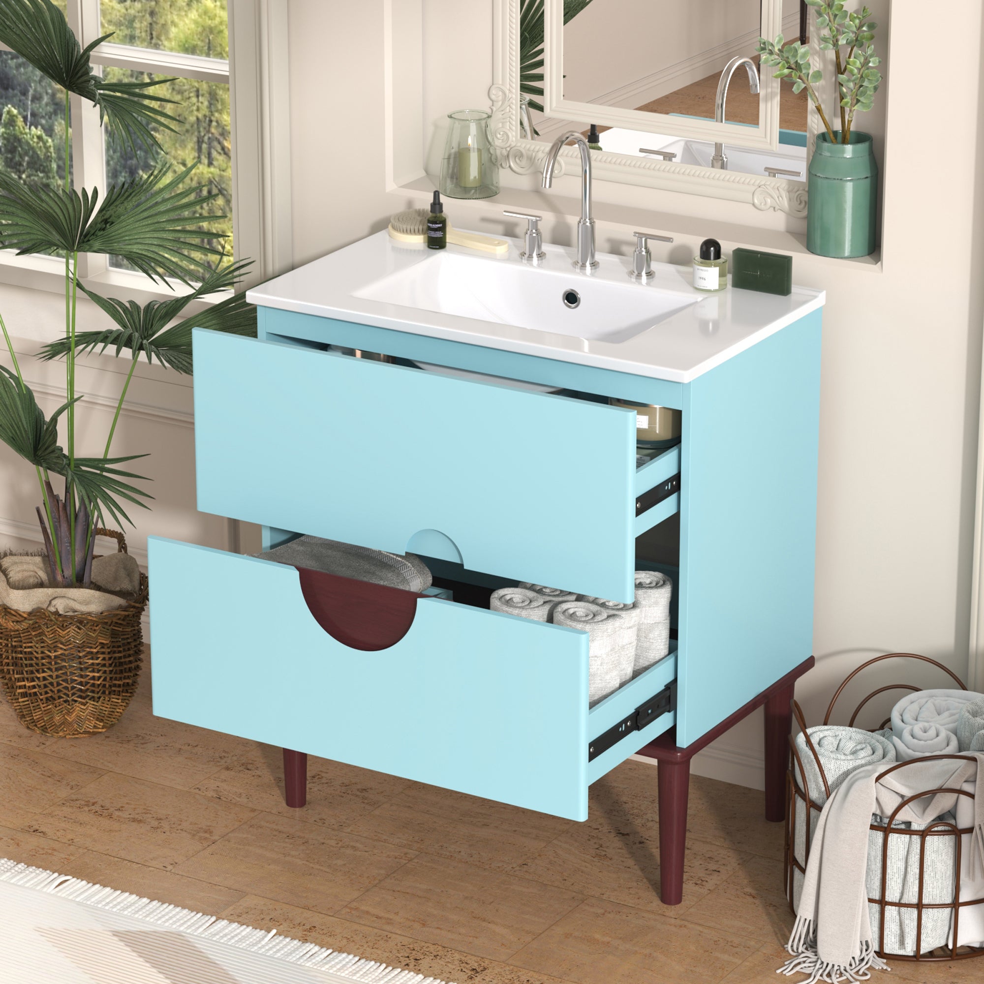 Bathroom Vanity Cabinet Ceramic Sink Solid Wood 2 Drawers Blue Homary