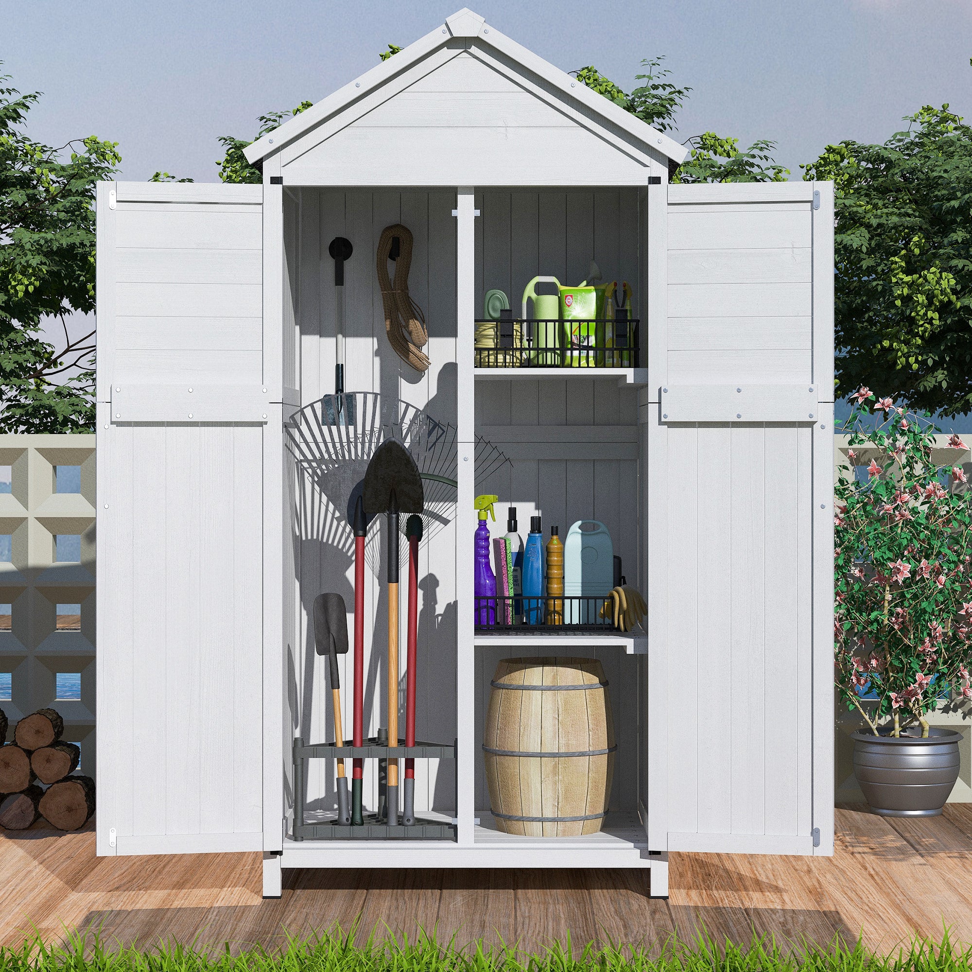 White Fir Wood Storage Shed Double Doors for Garden Yard Homary