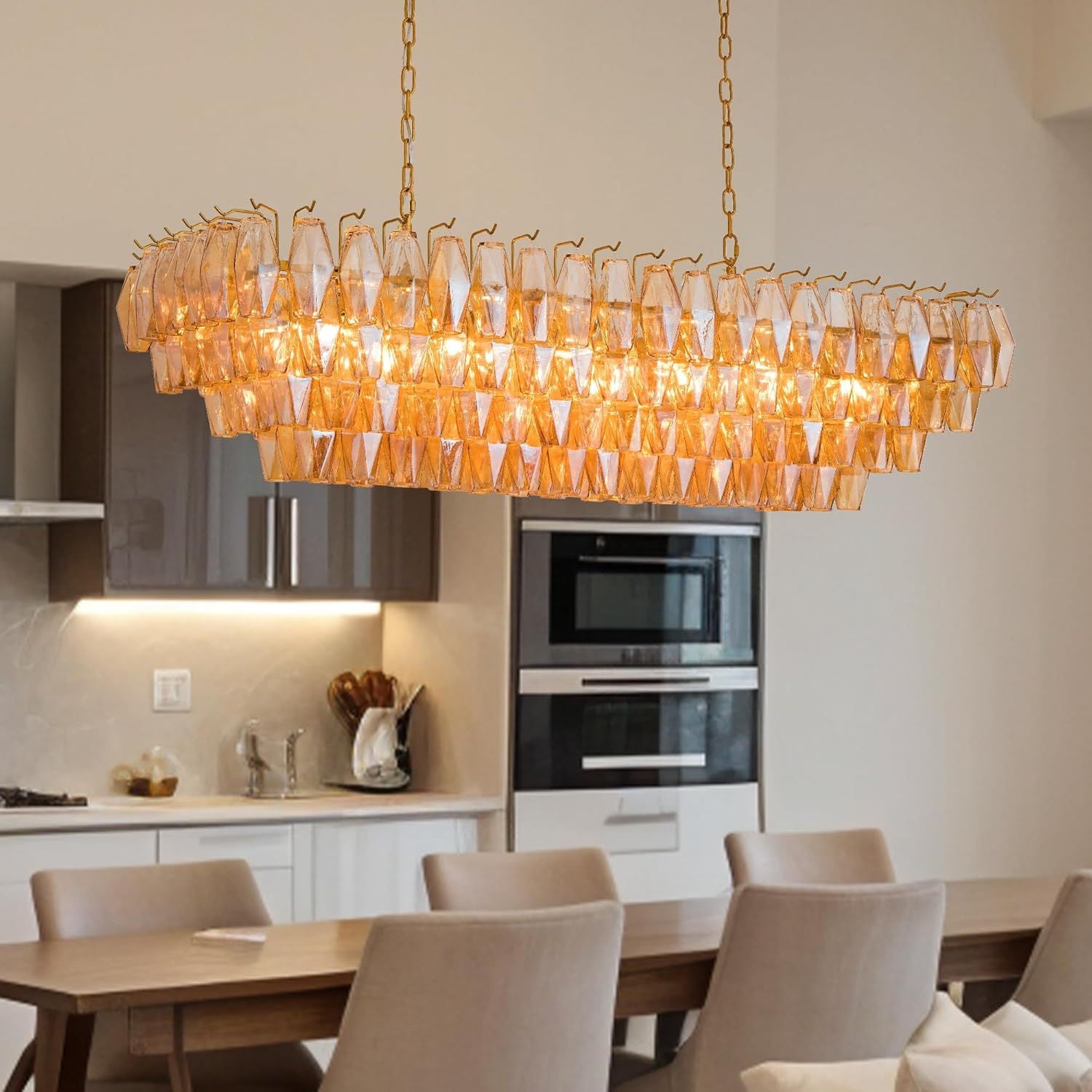 Modern Chandeliers for Dining Room, 54' Large Rectangle Gold Kitchen Chandelier Over Table, 12-Light with Smoke Glass Ceiling Lights, Farmhouse Pendant Lighting Fixture for Living Room Bedroom